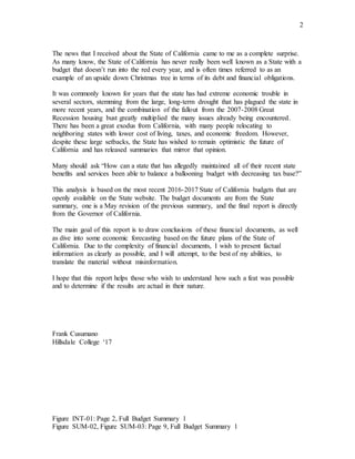 2
Figure INT-01: Page 2, Full Budget Summary 1
Figure SUM-02, Figure SUM-03: Page 9, Full Budget Summary 1
The news that I received about the State of California came to me as a complete surprise.
As many know, the State of California has never really been well known as a State with a
budget that doesn’t run into the red every year, and is often times referred to as an
example of an upside down Christmas tree in terms of its debt and financial obligations.
It was commonly known for years that the state has had extreme economic trouble in
several sectors, stemming from the large, long-term drought that has plagued the state in
more recent years, and the combination of the fallout from the 2007-2008 Great
Recession housing bust greatly multiplied the many issues already being encountered.
There has been a great exodus from California, with many people relocating to
neighboring states with lower cost of living, taxes, and economic freedom. However,
despite these large setbacks, the State has wished to remain optimistic the future of
California and has released summaries that mirror that opinion.
Many should ask “How can a state that has allegedly maintained all of their recent state
benefits and services been able to balance a ballooning budget with decreasing tax base?”
This analysis is based on the most recent 2016-2017 State of California budgets that are
openly available on the State website. The budget documents are from the State
summary, one is a May revision of the previous summary, and the final report is directly
from the Governor of California.
The main goal of this report is to draw conclusions of these financial documents, as well
as dive into some economic forecasting based on the future plans of the State of
California. Due to the complexity of financial documents, I wish to present factual
information as clearly as possible, and I will attempt, to the best of my abilities, to
translate the material without misinformation.
I hope that this report helps those who wish to understand how such a feat was possible
and to determine if the results are actual in their nature.
Frank Cusumano
Hillsdale College ‘17
 