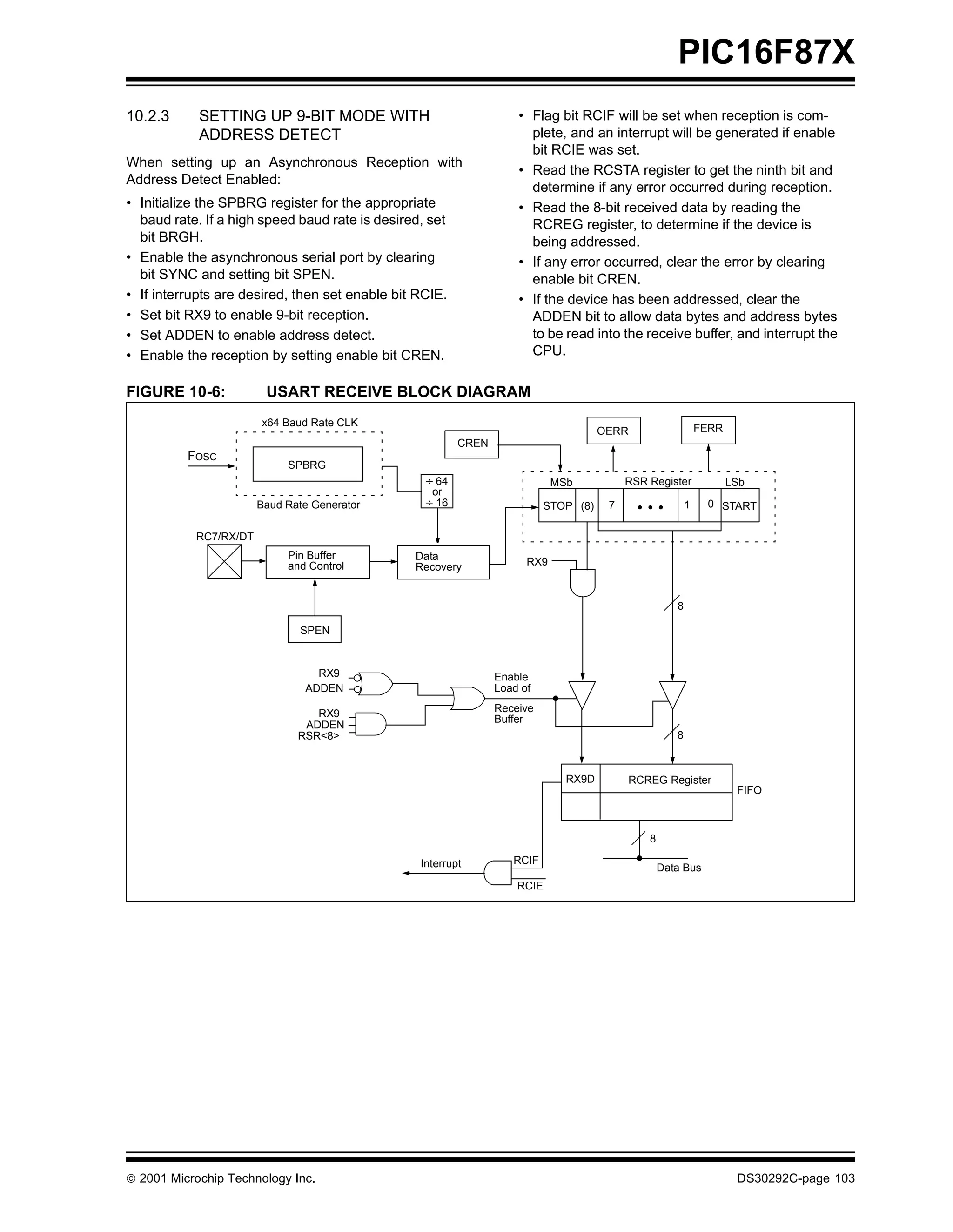 PIC16F87X
10.2.3      SETTING UP 9-BIT MODE WITH                              • Flag bit RCIF will be set when reception is com-
            ADDRESS DETECT                                            plete, and an interrupt will be generated if enable
                                                                      bit RCIE was set.
When setting up an Asynchronous Reception with
                                                                    • Read the RCSTA register to get the ninth bit and
Address Detect Enabled:
                                                                      determine if any error occurred during reception.
• Initialize the SPBRG register for the appropriate                 • Read the 8-bit received data by reading the
  baud rate. If a high speed baud rate is desired, set                RCREG register, to determine if the device is
  bit BRGH.                                                           being addressed.
• Enable the asynchronous serial port by clearing                   • If any error occurred, clear the error by clearing
  bit SYNC and setting bit SPEN.                                      enable bit CREN.
• If interrupts are desired, then set enable bit RCIE.              • If the device has been addressed, clear the
• Set bit RX9 to enable 9-bit reception.                              ADDEN bit to allow data bytes and address bytes
• Set ADDEN to enable address detect.                                 to be read into the receive buffer, and interrupt the
• Enable the reception by setting enable bit CREN.                    CPU.

FIGURE 10-6:            USART RECEIVE BLOCK DIAGRAM
                       x64 Baud Rate CLK
                                                                                     OERR                     FERR
                                                         CREN
          FOSC
                            SPBRG
                                                  ÷ 64                      MSb           RSR Register               LSb
                                                   or
                       Baud Rate Generator        ÷ 16                    STOP (8)    7      • • •        1    0 START


           RC7/RX/DT
                            Pin Buffer          Data
                            and Control         Recovery              RX9



                                                                                                      8

                              SPEN


                                 RX9                            Enable
                               ADDEN                            Load of

                                 RX9                            Receive
                                                                Buffer
                               ADDEN
                              RSR<8>                                                                  8



                                                                              RX9D          RCREG Register
                                                                                                                      FIFO



                                                                                               8

                                                 Interrupt         RCIF
                                                                                                   Data Bus
                                                                    RCIE




 2001 Microchip Technology Inc.                                                                                      DS30292C-page 103
 