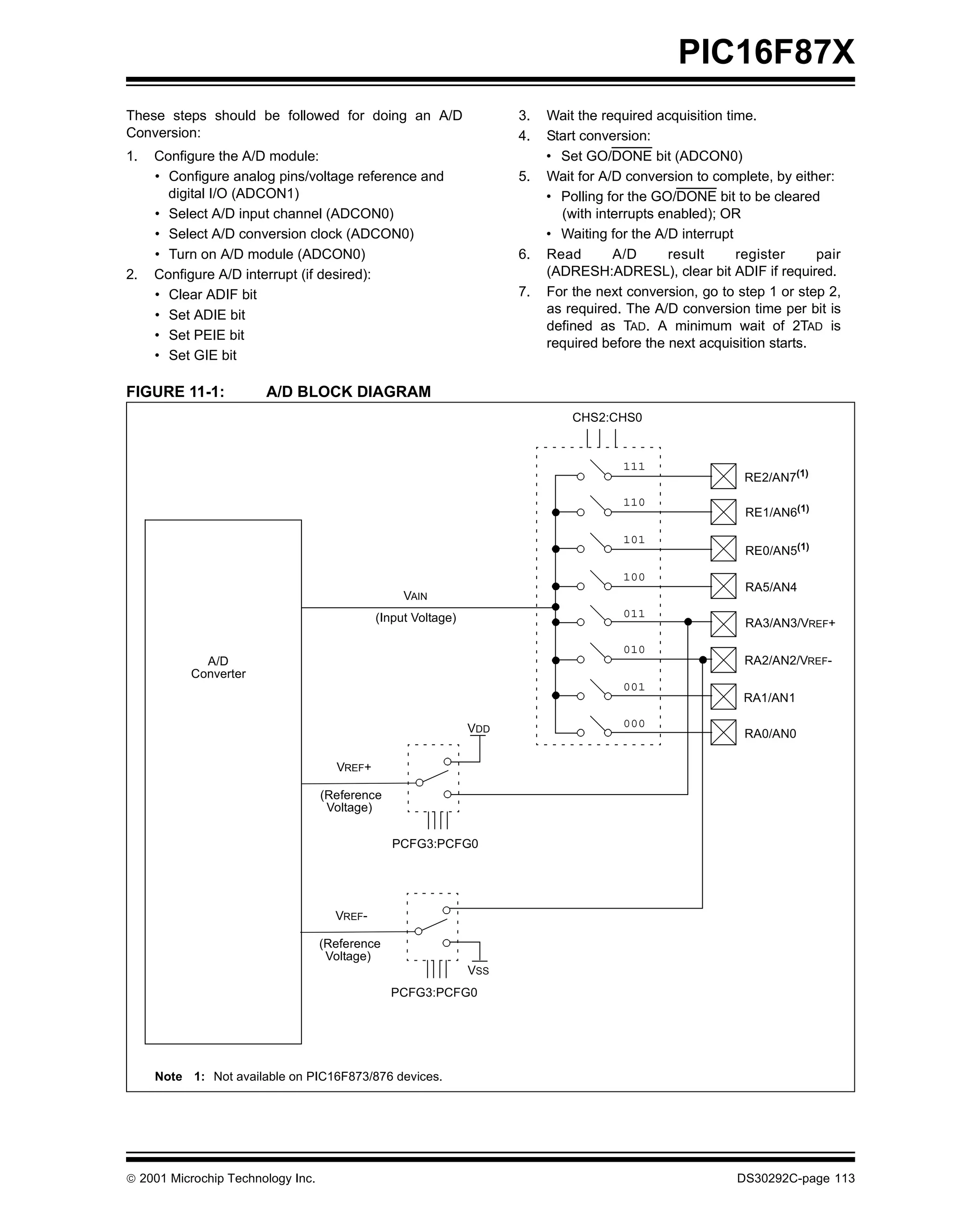 PIC16F87X
These steps should be followed for doing an A/D                      3.   Wait the required acquisition time.
Conversion:                                                          4.   Start conversion:
1.   Configure the A/D module:                                            • Set GO/DONE bit (ADCON0)
     • Configure analog pins/voltage reference and                   5.   Wait for A/D conversion to complete, by either:
       digital I/O (ADCON1)                                               • Polling for the GO/DONE bit to be cleared
     • Select A/D input channel (ADCON0)                                    (with interrupts enabled); OR
     • Select A/D conversion clock (ADCON0)                               • Waiting for the A/D interrupt
     • Turn on A/D module (ADCON0)                                   6.   Read       A/D      result      register     pair
2.   Configure A/D interrupt (if desired):                                (ADRESH:ADRESL), clear bit ADIF if required.
     • Clear ADIF bit                                                7.   For the next conversion, go to step 1 or step 2,
     • Set ADIE bit                                                       as required. The A/D conversion time per bit is
                                                                          defined as TAD. A minimum wait of 2TAD is
     • Set PEIE bit
                                                                          required before the next acquisition starts.
     • Set GIE bit

FIGURE 11-1:           A/D BLOCK DIAGRAM
                                                                              CHS2:CHS0


                                                                                      111
                                                                                                          RE2/AN7(1)
                                                                                      110
                                                                                                           RE1/AN6(1)

                                                                                      101
                                                                                                           RE0/AN5(1)

                                                                                      100
                                                                                                           RA5/AN4
                                                  VAIN
                                             (Input Voltage)                          011
                                                                                                           RA3/AN3/VREF+

                                                                                      010
            A/D                                                                                           RA2/AN2/VREF-
          Converter
                                                                                      001
                                                                                                          RA1/AN1

                                                               VDD                    000
                                                                                                          RA0/AN0

                                     VREF+

                                   (Reference
                                    Voltage)

                                                PCFG3:PCFG0




                                     VREF-

                                   (Reference
                                    Voltage)
                                                               VSS
                                                PCFG3:PCFG0




     Note 1: Not available on PIC16F873/876 devices.




 2001 Microchip Technology Inc.                                                                         DS30292C-page 113
 