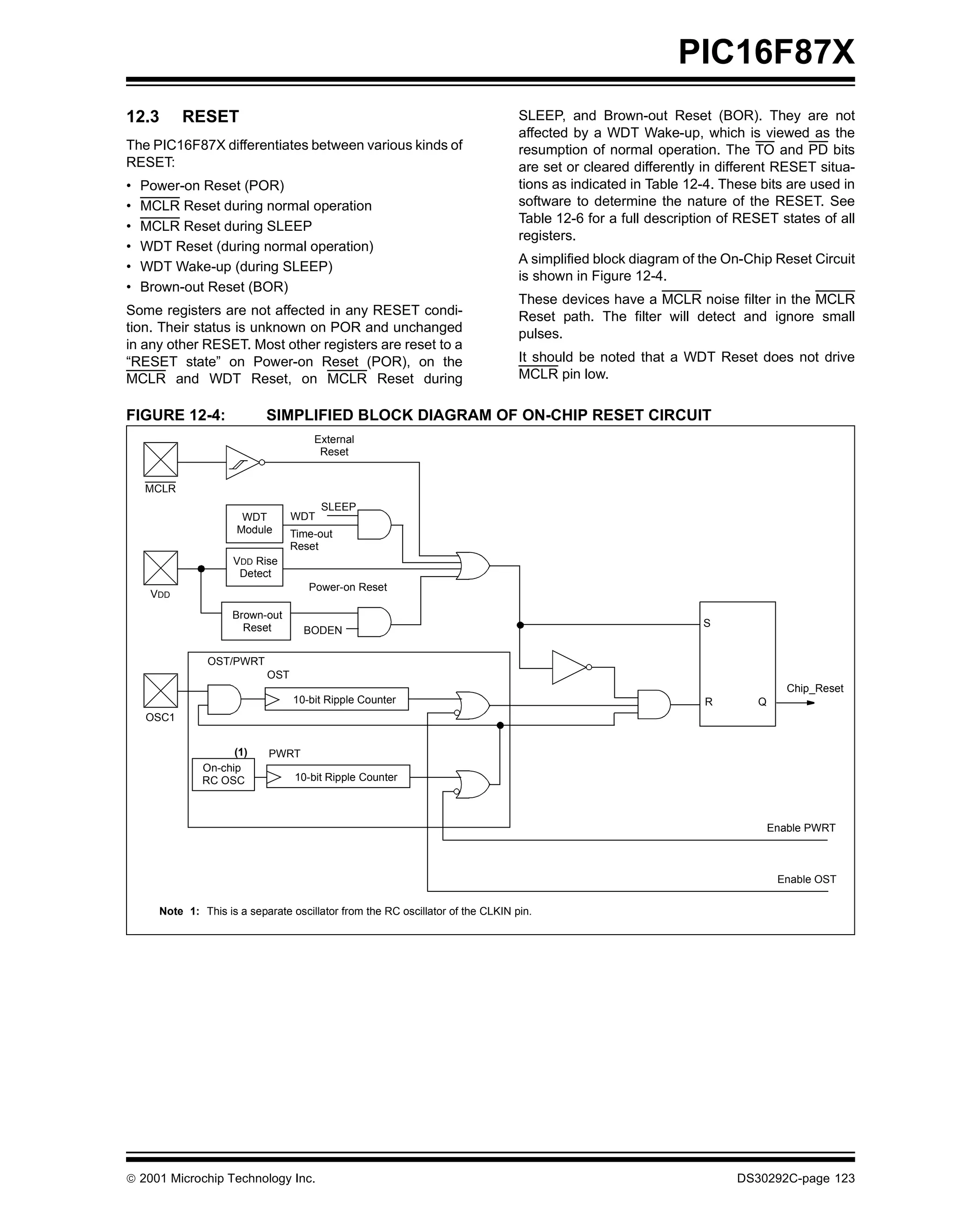 PIC16F87X
12.3       RESET                                                                 SLEEP, and Brown-out Reset (BOR). They are not
                                                                                 affected by a WDT Wake-up, which is viewed as the
The PIC16F87X differentiates between various kinds of                            resumption of normal operation. The TO and PD bits
RESET:                                                                           are set or cleared differently in different RESET situa-
•   Power-on Reset (POR)                                                         tions as indicated in Table 12-4. These bits are used in
•   MCLR Reset during normal operation                                           software to determine the nature of the RESET. See
                                                                                 Table 12-6 for a full description of RESET states of all
•   MCLR Reset during SLEEP
                                                                                 registers.
•   WDT Reset (during normal operation)
                                                                                 A simplified block diagram of the On-Chip Reset Circuit
•   WDT Wake-up (during SLEEP)
                                                                                 is shown in Figure 12-4.
•   Brown-out Reset (BOR)
                                                                                 These devices have a MCLR noise filter in the MCLR
Some registers are not affected in any RESET condi-                              Reset path. The filter will detect and ignore small
tion. Their status is unknown on POR and unchanged                               pulses.
in any other RESET. Most other registers are reset to a
“RESET state” on Power-on Reset (POR), on the                                    It should be noted that a WDT Reset does not drive
MCLR and WDT Reset, on MCLR Reset during                                         MCLR pin low.

FIGURE 12-4:                SIMPLIFIED BLOCK DIAGRAM OF ON-CHIP RESET CIRCUIT
                                      External
                                       Reset


    MCLR
                                        SLEEP
                       WDT        WDT
                      Module      Time-out
                                  Reset
                     VDD Rise
                      Detect
                                     Power-on Reset
     VDD
                     Brown-out
                       Reset                                                                                   S
                                    BODEN

                OST/PWRT
                            OST
                                                                                                                               Chip_Reset
                                  10-bit Ripple Counter                                                         R       Q
    OSC1


                     (1)    PWRT
               On-chip
               RC OSC             10-bit Ripple Counter



                                                                                                                            Enable PWRT



                                                                                                                             Enable OST

      Note 1: This is a separate oscillator from the RC oscillator of the CLKIN pin.




 2001 Microchip Technology Inc.                                                                                     DS30292C-page 123
 