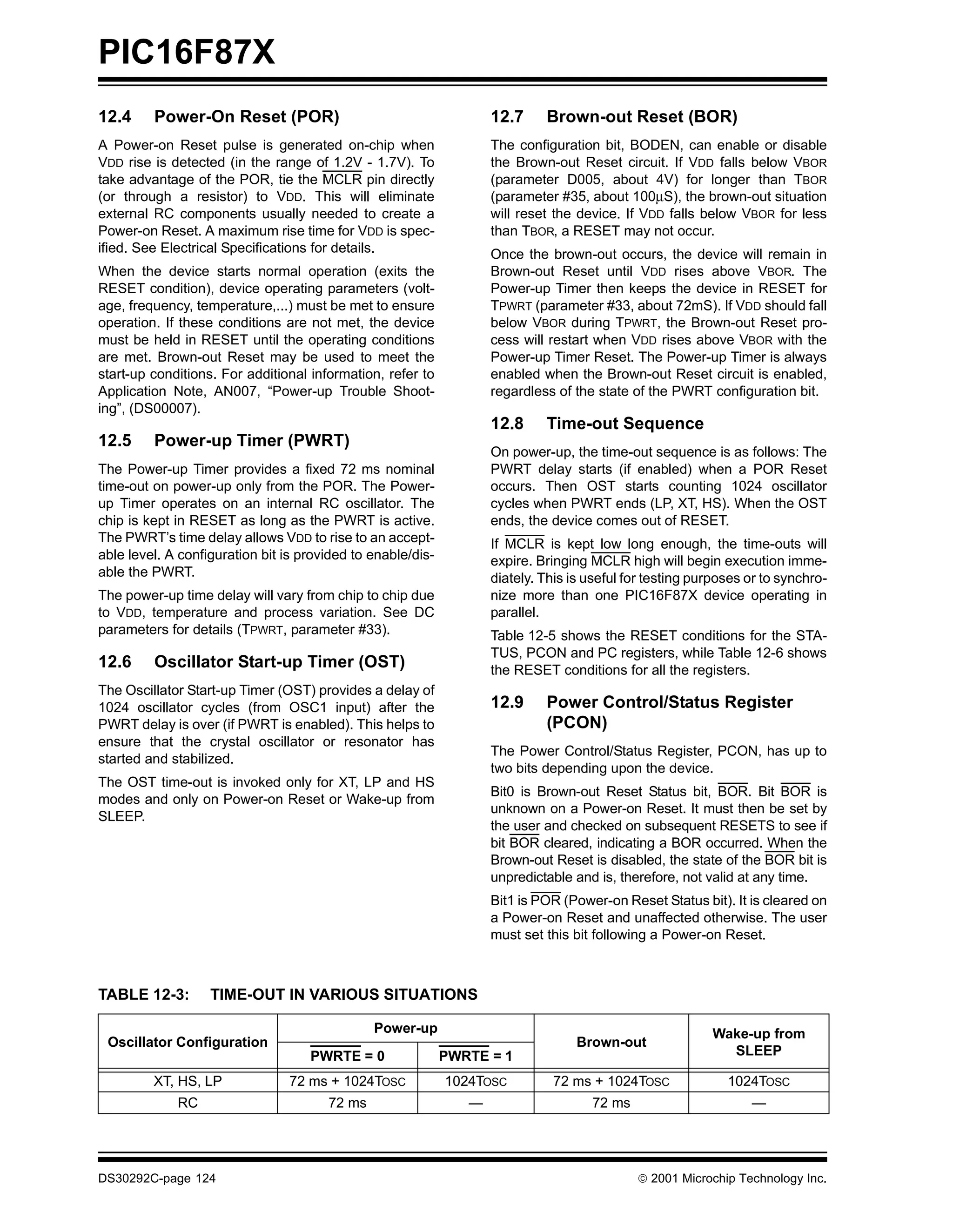 PIC16F87X
12.4     Power-On Reset (POR)                                       12.7     Brown-out Reset (BOR)
A Power-on Reset pulse is generated on-chip when                    The configuration bit, BODEN, can enable or disable
VDD rise is detected (in the range of 1.2V - 1.7V). To              the Brown-out Reset circuit. If VDD falls below VBOR
take advantage of the POR, tie the MCLR pin directly                (parameter D005, about 4V) for longer than TBOR
(or through a resistor) to VDD. This will eliminate                 (parameter #35, about 100µS), the brown-out situation
external RC components usually needed to create a                   will reset the device. If VDD falls below VBOR for less
Power-on Reset. A maximum rise time for VDD is spec-                than TBOR, a RESET may not occur.
ified. See Electrical Specifications for details.                   Once the brown-out occurs, the device will remain in
When the device starts normal operation (exits the                  Brown-out Reset until VDD rises above VBOR. The
RESET condition), device operating parameters (volt-                Power-up Timer then keeps the device in RESET for
age, frequency, temperature,...) must be met to ensure              TPWRT (parameter #33, about 72mS). If VDD should fall
operation. If these conditions are not met, the device              below VBOR during TPWRT, the Brown-out Reset pro-
must be held in RESET until the operating conditions                cess will restart when VDD rises above VBOR with the
are met. Brown-out Reset may be used to meet the                    Power-up Timer Reset. The Power-up Timer is always
start-up conditions. For additional information, refer to           enabled when the Brown-out Reset circuit is enabled,
Application Note, AN007, “Power-up Trouble Shoot-                   regardless of the state of the PWRT configuration bit.
ing”, (DS00007).
                                                                    12.8     Time-out Sequence
12.5     Power-up Timer (PWRT)
                                                                    On power-up, the time-out sequence is as follows: The
The Power-up Timer provides a fixed 72 ms nominal                   PWRT delay starts (if enabled) when a POR Reset
time-out on power-up only from the POR. The Power-                  occurs. Then OST starts counting 1024 oscillator
up Timer operates on an internal RC oscillator. The                 cycles when PWRT ends (LP, XT, HS). When the OST
chip is kept in RESET as long as the PWRT is active.                ends, the device comes out of RESET.
The PWRT’s time delay allows VDD to rise to an accept-              If MCLR is kept low long enough, the time-outs will
able level. A configuration bit is provided to enable/dis-          expire. Bringing MCLR high will begin execution imme-
able the PWRT.                                                      diately. This is useful for testing purposes or to synchro-
The power-up time delay will vary from chip to chip due             nize more than one PIC16F87X device operating in
to VDD, temperature and process variation. See DC                   parallel.
parameters for details (TPWRT, parameter #33).                      Table 12-5 shows the RESET conditions for the STA-
                                                                    TUS, PCON and PC registers, while Table 12-6 shows
12.6     Oscillator Start-up Timer (OST)                            the RESET conditions for all the registers.
The Oscillator Start-up Timer (OST) provides a delay of
1024 oscillator cycles (from OSC1 input) after the                  12.9     Power Control/Status Register
PWRT delay is over (if PWRT is enabled). This helps to                       (PCON)
ensure that the crystal oscillator or resonator has
                                                                    The Power Control/Status Register, PCON, has up to
started and stabilized.
                                                                    two bits depending upon the device.
The OST time-out is invoked only for XT, LP and HS
                                                                    Bit0 is Brown-out Reset Status bit, BOR. Bit BOR is
modes and only on Power-on Reset or Wake-up from
                                                                    unknown on a Power-on Reset. It must then be set by
SLEEP.
                                                                    the user and checked on subsequent RESETS to see if
                                                                    bit BOR cleared, indicating a BOR occurred. When the
                                                                    Brown-out Reset is disabled, the state of the BOR bit is
                                                                    unpredictable and is, therefore, not valid at any time.
                                                                    Bit1 is POR (Power-on Reset Status bit). It is cleared on
                                                                    a Power-on Reset and unaffected otherwise. The user
                                                                    must set this bit following a Power-on Reset.



TABLE 12-3:        TIME-OUT IN VARIOUS SITUATIONS

                                               Power-up                                                   Wake-up from
 Oscillator Configuration                                                          Brown-out
                                    PWRTE = 0                PWRTE = 1                                      SLEEP

         XT, HS, LP             72 ms + 1024TOSC             1024TOSC         72 ms + 1024TOSC               1024TOSC
             RC                        72 ms                    —                    72 ms                       —




DS30292C-page 124                                                                             2001 Microchip Technology Inc.
 