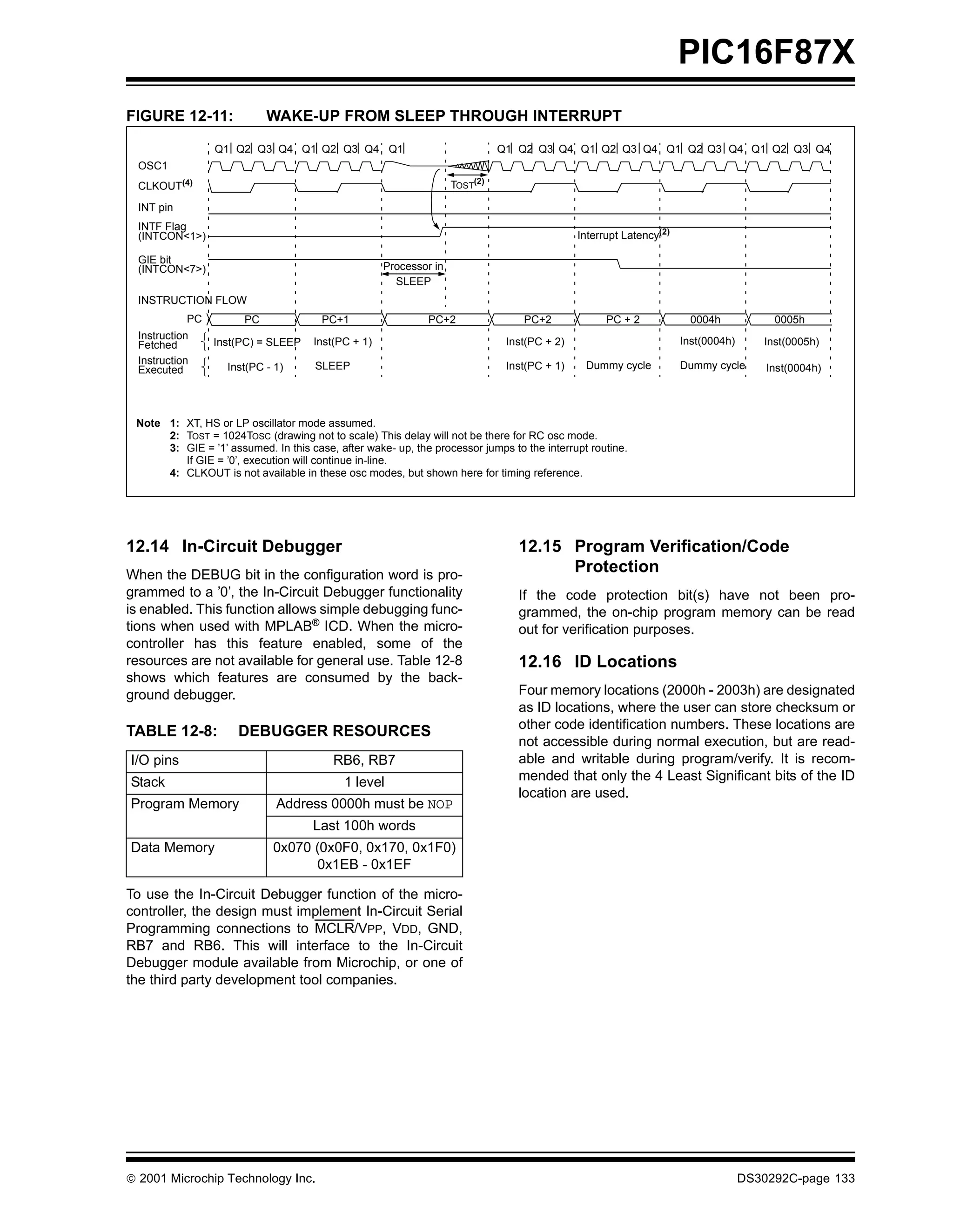 PIC16F87X
FIGURE 12-11:               WAKE-UP FROM SLEEP THROUGH INTERRUPT

                 Q1 Q2 Q3 Q4 Q1 Q2 Q3 Q4 Q1                                  Q1 Q2 Q3 Q4 Q1 Q2 Q3 Q4 Q1 Q2 Q3 Q4 Q1 Q2 Q3 Q4
  OSC1
  CLKOUT(4)                                                        TOST(2)

  INT pin
  INTF Flag
  (INTCON<1>)                                                                                Interrupt Latency(2)

  GIE bit
  (INTCON<7>)                                       Processor in
                                                      SLEEP
  INSTRUCTION FLOW
            PC         PC              PC+1                  PC+2                PC+2              PC + 2             0004h            0005h
  Instruction                                                                                                       Inst(0004h)
  Fetched        Inst(PC) = SLEEP    Inst(PC + 1)                             Inst(PC + 2)                                           Inst(0005h)
  Instruction                         SLEEP                                   Inst(PC + 1)    Dummy cycle           Dummy cycle
  Executed         Inst(PC - 1)                                                                                                       Inst(0004h)




 Note 1: XT, HS or LP oscillator mode assumed.
      2: TOST = 1024TOSC (drawing not to scale) This delay will not be there for RC osc mode.
      3: GIE = ’1’ assumed. In this case, after wake- up, the processor jumps to the interrupt routine.
         If GIE = ’0’, execution will continue in-line.
      4: CLKOUT is not available in these osc modes, but shown here for timing reference.




12.14 In-Circuit Debugger                                                       12.15 Program Verification/Code
When the DEBUG bit in the configuration word is pro-
                                                                                      Protection
grammed to a ’0’, the In-Circuit Debugger functionality                         If the code protection bit(s) have not been pro-
is enabled. This function allows simple debugging func-                         grammed, the on-chip program memory can be read
tions when used with MPLAB® ICD. When the micro-                                out for verification purposes.
controller has this feature enabled, some of the
resources are not available for general use. Table 12-8                         12.16 ID Locations
shows which features are consumed by the back-
ground debugger.                                                                Four memory locations (2000h - 2003h) are designated
                                                                                as ID locations, where the user can store checksum or
                                                                                other code identification numbers. These locations are
TABLE 12-8:           DEBUGGER RESOURCES
                                                                                not accessible during normal execution, but are read-
I/O pins                                 RB6, RB7                               able and writable during program/verify. It is recom-
Stack                                       1 level                             mended that only the 4 Least Significant bits of the ID
                                                                                location are used.
Program Memory                Address 0000h must be NOP
                                     Last 100h words
Data Memory                  0x070 (0x0F0, 0x170, 0x1F0)
                                   0x1EB - 0x1EF

To use the In-Circuit Debugger function of the micro-
controller, the design must implement In-Circuit Serial
Programming connections to MCLR/VPP, VDD, GND,
RB7 and RB6. This will interface to the In-Circuit
Debugger module available from Microchip, or one of
the third party development tool companies.




 2001 Microchip Technology Inc.                                                                                                  DS30292C-page 133
 