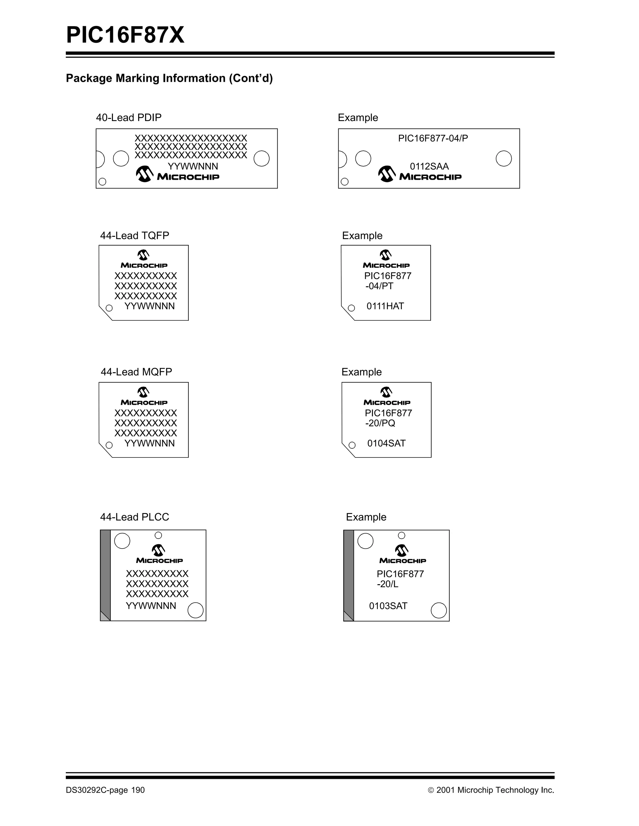 PIC16F87X
Package Marking Information (Cont’d)


      40-Lead PDIP                     Example
              XXXXXXXXXXXXXXXXXX                  PIC16F877-04/P
              XXXXXXXXXXXXXXXXXX
              XXXXXXXXXXXXXXXXXX
                   YYWWNNN                            0112SAA




       44-Lead TQFP                    Example


          XXXXXXXXXX                       PIC16F877
          XXXXXXXXXX                       -04/PT
          XXXXXXXXXX
            YYWWNNN                        0111HAT




       44-Lead MQFP                    Example


          XXXXXXXXXX                       PIC16F877
          XXXXXXXXXX                       -20/PQ
          XXXXXXXXXX
            YYWWNNN                         0104SAT




       44-Lead PLCC                     Example




            XXXXXXXXXX                       PIC16F877
            XXXXXXXXXX                       -20/L
            XXXXXXXXXX
            YYWWNNN                         0103SAT




DS30292C-page 190                                         2001 Microchip Technology Inc.
 