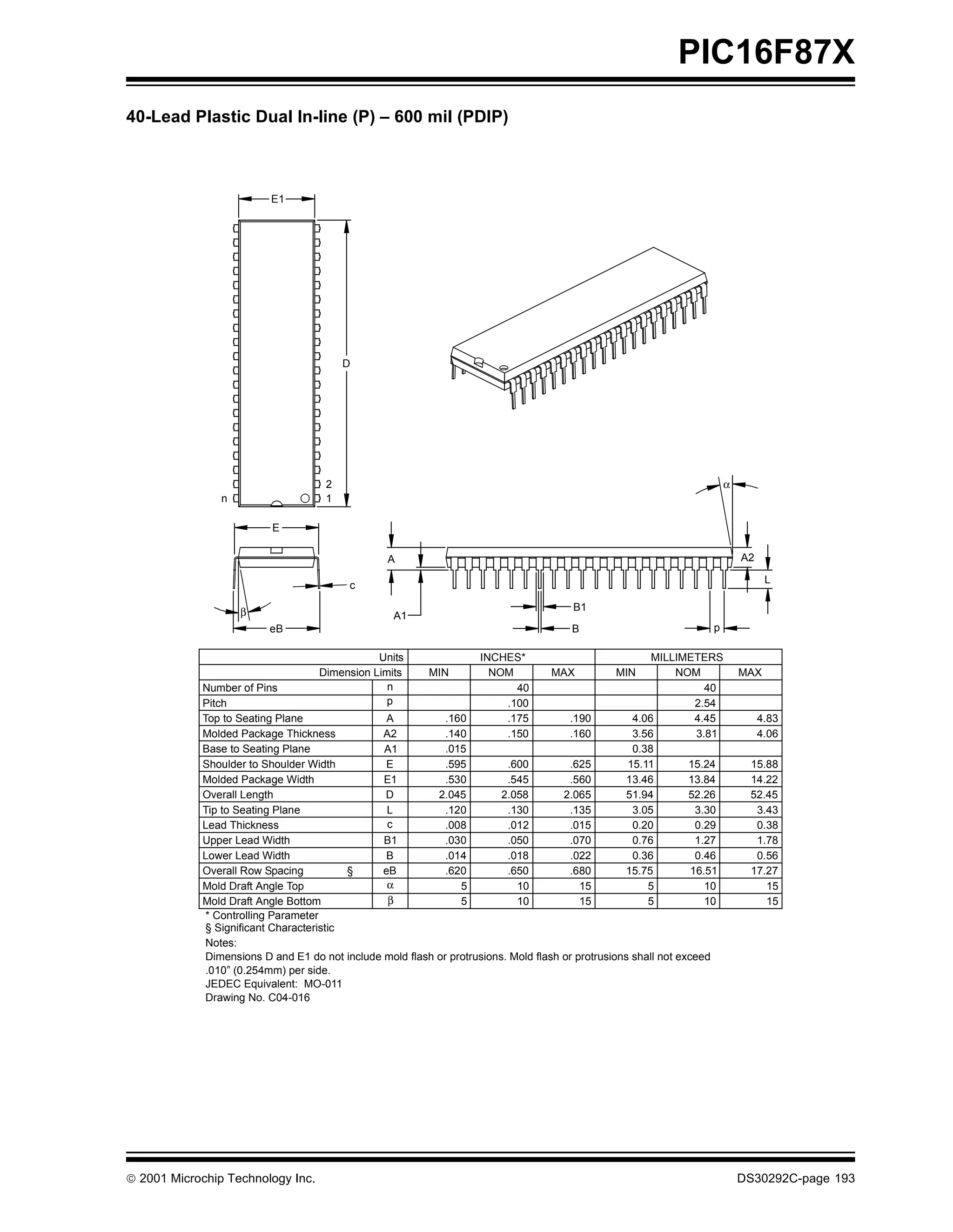 PIC16F87X
40-Lead Plastic Dual In-line (P) – 600 mil (PDIP)



                          E1




                                         D




                                     2                                                                                      α
                n                    1

                          E

                                                  A                                                                             A2

                                                                                                                                      L
                                          c

                    β                                                                   B1
                                                   A1
                         eB                                                             B                               p

                                               Units                 INCHES*                            MILLIMETERS
                                    Dimension Limits      MIN          NOM          MAX          MIN        NOM                 MAX
            Number of Pins                       n                         40                                    40
            Pitch                                p                       .100                                  2.54
            Top to Seating Plane                 A           .160        .175          .190         4.06       4.45                  4.83
            Molded Package Thickness            A2           .140        .150          .160         3.56       3.81                  4.06
            Base to Seating Plane               A1           .015                                   0.38
            Shoulder to Shoulder Width           E           .595         .600         .625        15.11      15.24              15.88
            Molded Package Width                E1           .530         .545         .560        13.46      13.84              14.22
            Overall Length                      D          2.045         2.058        2.065        51.94      52.26              52.45
            Tip to Seating Plane                 L           .120         .130         .135         3.05       3.30               3.43
            Lead Thickness                       c           .008         .012         .015         0.20       0.29               0.38
            Upper Lead Width                    B1           .030         .050         .070         0.76       1.27               1.78
            Lower Lead Width                     B           .014         .018         .022         0.36       0.46               0.56
            Overall Row Spacing           §     eB           .620         .650         .680        15.75      16.51              17.27
            Mold Draft Angle Top                 α              5           10            15           5         10                 15
            Mold Draft Angle Bottom              β              5           10            15           5         10                 15
             * Controlling Parameter
             § Significant Characteristic
             Notes:
             Dimensions D and E1 do not include mold flash or protrusions. Mold flash or protrusions shall not exceed
             .010” (0.254mm) per side.
             JEDEC Equivalent: MO-011
             Drawing No. C04-016




 2001 Microchip Technology Inc.                                                                                                DS30292C-page 193
 