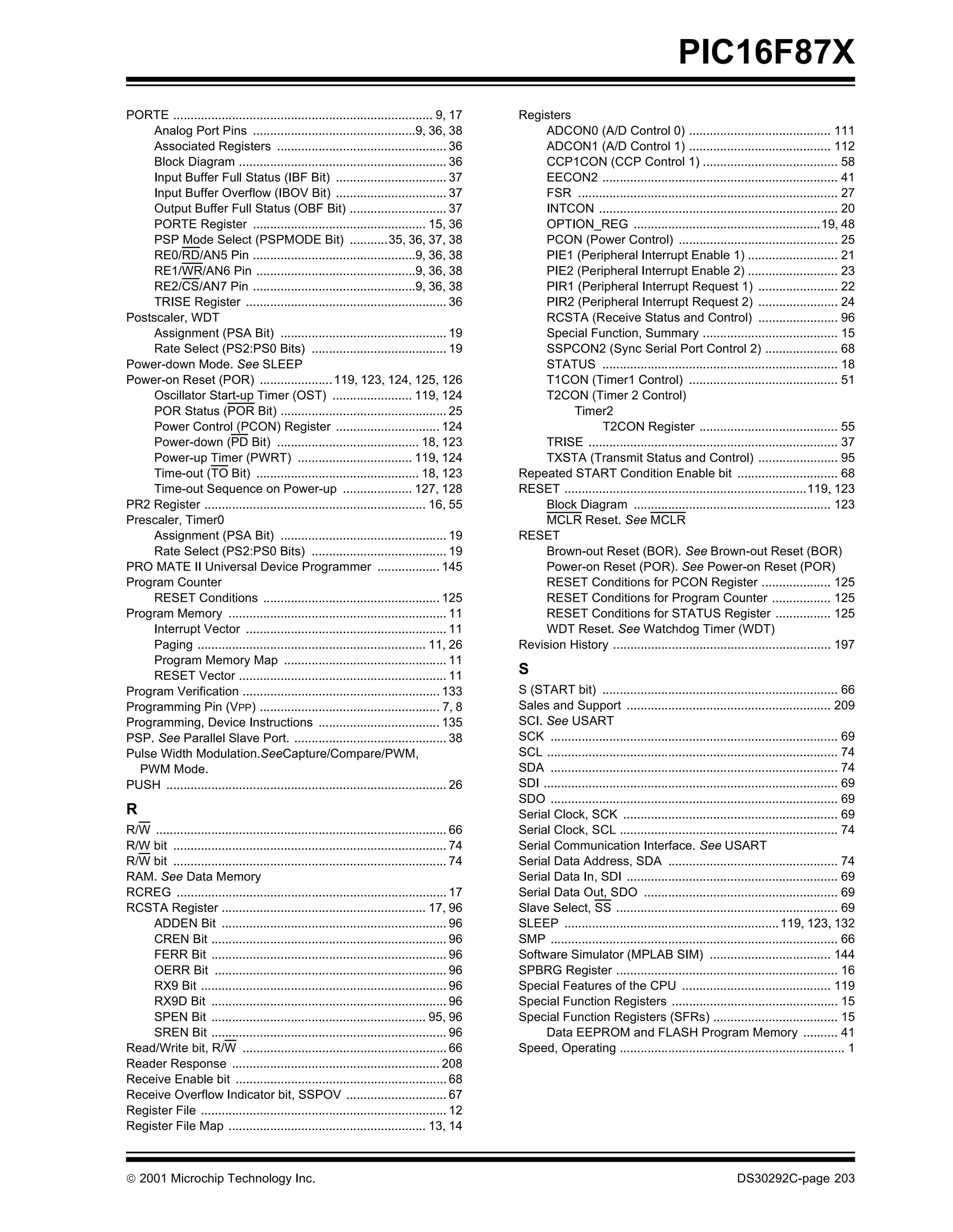PIC16F87X
PORTE ........................................................................... 9, 17       Registers
     Analog Port Pins ...............................................9, 36, 38                     ADCON0 (A/D Control 0) ......................................... 111
     Associated Registers ................................................. 36                     ADCON1 (A/D Control 1) ......................................... 112
     Block Diagram ............................................................ 36                 CCP1CON (CCP Control 1) ....................................... 58
     Input Buffer Full Status (IBF Bit) ................................ 37                        EECON2 .................................................................... 41
     Input Buffer Overflow (IBOV Bit) ................................ 37                          FSR ........................................................................... 27
     Output Buffer Full Status (OBF Bit) ............................ 37                           INTCON ..................................................................... 20
     PORTE Register .................................................. 15, 36                      OPTION_REG ......................................................19, 48
     PSP Mode Select (PSPMODE Bit) ...........35, 36, 37, 38                                       PCON (Power Control) .............................................. 25
     RE0/RD/AN5 Pin ...............................................9, 36, 38                       PIE1 (Peripheral Interrupt Enable 1) .......................... 21
     RE1/WR/AN6 Pin ..............................................9, 36, 38                        PIE2 (Peripheral Interrupt Enable 2) .......................... 23
     RE2/CS/AN7 Pin ...............................................9, 36, 38                       PIR1 (Peripheral Interrupt Request 1) ....................... 22
     TRISE Register .......................................................... 36                  PIR2 (Peripheral Interrupt Request 2) ....................... 24
Postscaler, WDT                                                                                    RCSTA (Receive Status and Control) ....................... 96
     Assignment (PSA Bit) ................................................ 19                      Special Function, Summary ....................................... 15
     Rate Select (PS2:PS0 Bits) ....................................... 19                         SSPCON2 (Sync Serial Port Control 2) ..................... 68
Power-down Mode. See SLEEP                                                                         STATUS .................................................................... 18
Power-on Reset (POR) ..................... 119, 123, 124, 125, 126                                 T1CON (Timer1 Control) ........................................... 51
     Oscillator Start-up Timer (OST) ....................... 119, 124                              T2CON (Timer 2 Control)
     POR Status (POR Bit) ................................................ 25                           Timer2
     Power Control (PCON) Register .............................. 124                                          T2CON Register ........................................ 55
     Power-down (PD Bit) ......................................... 18, 123                         TRISE ........................................................................ 37
     Power-up Timer (PWRT) ................................. 119, 124                              TXSTA (Transmit Status and Control) ....................... 95
     Time-out (TO Bit) ............................................... 18, 123                Repeated START Condition Enable bit ............................. 68
     Time-out Sequence on Power-up .................... 127, 128                              RESET ......................................................................119, 123
PR2 Register ................................................................ 16, 55               Block Diagram ......................................................... 123
Prescaler, Timer0                                                                                  MCLR Reset. See MCLR
     Assignment (PSA Bit) ................................................ 19                 RESET
     Rate Select (PS2:PS0 Bits) ....................................... 19                         Brown-out Reset (BOR). See Brown-out Reset (BOR)
PRO MATE II Universal Device Programmer .................. 145                                     Power-on Reset (POR). See Power-on Reset (POR)
Program Counter                                                                                    RESET Conditions for PCON Register .................... 125
     RESET Conditions ................................................... 125                      RESET Conditions for Program Counter ................. 125
Program Memory ............................................................... 11                  RESET Conditions for STATUS Register ................ 125
     Interrupt Vector .......................................................... 11                WDT Reset. See Watchdog Timer (WDT)
     Paging .................................................................. 11, 26         Revision History ............................................................... 197
     Program Memory Map ............................................... 11
     RESET Vector ............................................................ 11             S
Program Verification ......................................................... 133            S (START bit) .................................................................... 66
Programming Pin (VPP) .................................................... 7, 8               Sales and Support ........................................................... 209
Programming, Device Instructions ................................... 135                      SCI. See USART
PSP. See Parallel Slave Port. ............................................ 38                 SCK ................................................................................... 69
Pulse Width Modulation.SeeCapture/Compare/PWM,                                                SCL .................................................................................... 74
  PWM Mode.                                                                                   SDA ................................................................................... 74
PUSH ................................................................................. 26     SDI ..................................................................................... 69
                                                                                              SDO ................................................................................... 69
R                                                                                             Serial Clock, SCK .............................................................. 69
R/W .................................................................................... 66   Serial Clock, SCL ............................................................... 74
R/W bit ............................................................................... 74    Serial Communication Interface. See USART
R/W bit ............................................................................... 74    Serial Data Address, SDA ................................................. 74
RAM. See Data Memory                                                                          Serial Data In, SDI ............................................................. 69
RCREG .............................................................................. 17       Serial Data Out, SDO ........................................................ 69
RCSTA Register ........................................................... 17, 96             Slave Select, SS ................................................................ 69
    ADDEN Bit ................................................................. 96            SLEEP .............................................................. 119, 123, 132
    CREN Bit .................................................................... 96          SMP ................................................................................... 66
    FERR Bit .................................................................... 96          Software Simulator (MPLAB SIM) ................................... 144
    OERR Bit ................................................................... 96           SPBRG Register ................................................................ 16
    RX9 Bit ....................................................................... 96        Special Features of the CPU ........................................... 119
    RX9D Bit .................................................................... 96          Special Function Registers ................................................ 15
    SPEN Bit .............................................................. 95, 96            Special Function Registers (SFRs) .................................... 15
    SREN Bit .................................................................... 96               Data EEPROM and FLASH Program Memory .......... 41
Read/Write bit, R/W ........................................................... 66            Speed, Operating ................................................................. 1
Reader Response ............................................................ 208
Receive Enable bit ............................................................. 68
Receive Overflow Indicator bit, SSPOV ............................. 67
Register File ....................................................................... 12
Register File Map ......................................................... 13, 14



 2001 Microchip Technology Inc.                                                                                                                         DS30292C-page 203
 