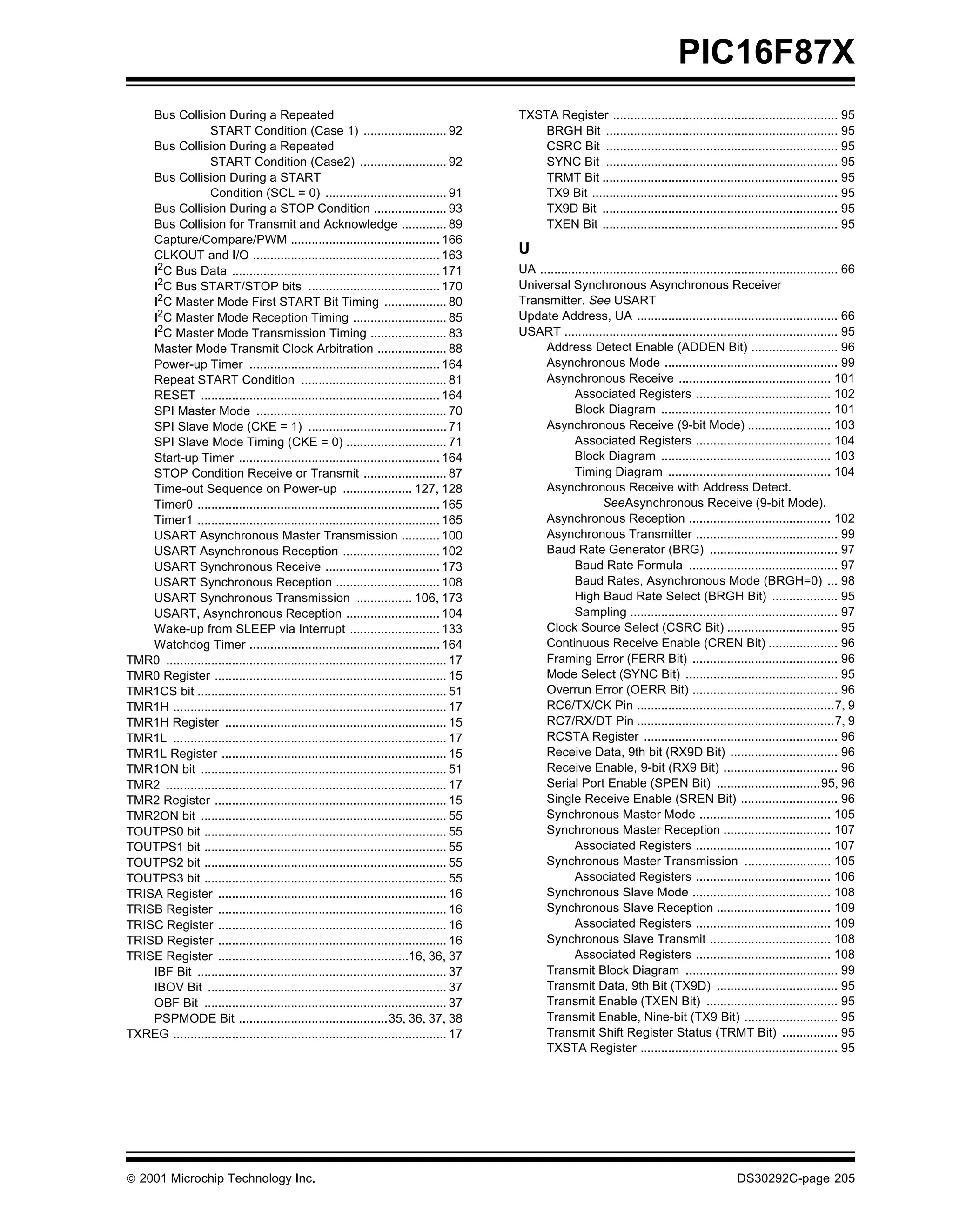 PIC16F87X
    Bus Collision During a Repeated                                                         TXSTA Register ................................................................. 95
                  START Condition (Case 1) ........................ 92                          BRGH Bit ................................................................... 95
    Bus Collision During a Repeated                                                             CSRC Bit ................................................................... 95
                  START Condition (Case2) ......................... 92                          SYNC Bit ................................................................... 95
    Bus Collision During a START                                                                TRMT Bit .................................................................... 95
                  Condition (SCL = 0) ................................... 91                    TX9 Bit ....................................................................... 95
    Bus Collision During a STOP Condition ..................... 93                              TX9D Bit .................................................................... 95
    Bus Collision for Transmit and Acknowledge ............. 89                                 TXEN Bit .................................................................... 95
    Capture/Compare/PWM ........................................... 166
    CLKOUT and I/O ...................................................... 163               U
    I2C Bus Data ............................................................ 171           UA ...................................................................................... 66
    I2C Bus START/STOP bits ...................................... 170                      Universal Synchronous Asynchronous Receiver
    I2C Master Mode First START Bit Timing .................. 80                            Transmitter. See USART
    I2C Master Mode Reception Timing ........................... 85                         Update Address, UA .......................................................... 66
    I2C Master Mode Transmission Timing ...................... 83                           USART ............................................................................... 95
    Master Mode Transmit Clock Arbitration .................... 88                               Address Detect Enable (ADDEN Bit) ......................... 96
    Power-up Timer ....................................................... 164                   Asynchronous Mode .................................................. 99
    Repeat START Condition .......................................... 81                         Asynchronous Receive ............................................ 101
    RESET ..................................................................... 164                      Associated Registers ....................................... 102
    SPI Master Mode ....................................................... 70                           Block Diagram ................................................. 101
    SPI Slave Mode (CKE = 1) ........................................ 71                         Asynchronous Receive (9-bit Mode) ........................ 103
    SPI Slave Mode Timing (CKE = 0) ............................. 71                                     Associated Registers ....................................... 104
    Start-up Timer .......................................................... 164                        Block Diagram ................................................. 103
    STOP Condition Receive or Transmit ........................ 87                                       Timing Diagram ............................................... 104
    Time-out Sequence on Power-up .................... 127, 128                                  Asynchronous Receive with Address Detect.
    Timer0 ...................................................................... 165                            SeeAsynchronous Receive (9-bit Mode).
    Timer1 ...................................................................... 165            Asynchronous Reception ......................................... 102
    USART Asynchronous Master Transmission ........... 100                                       Asynchronous Transmitter ......................................... 99
    USART Asynchronous Reception ............................ 102                                Baud Rate Generator (BRG) ..................................... 97
    USART Synchronous Receive ................................. 173                                      Baud Rate Formula ........................................... 97
    USART Synchronous Reception .............................. 108                                       Baud Rates, Asynchronous Mode (BRGH=0) ... 98
    USART Synchronous Transmission ................ 106, 173                                             High Baud Rate Select (BRGH Bit) ................... 95
    USART, Asynchronous Reception ........................... 104                                        Sampling ............................................................ 97
    Wake-up from SLEEP via Interrupt .......................... 133                              Clock Source Select (CSRC Bit) ................................ 95
    Watchdog Timer ....................................................... 164                   Continuous Receive Enable (CREN Bit) .................... 96
TMR0 ................................................................................. 17        Framing Error (FERR Bit) .......................................... 96
TMR0 Register ................................................................... 15             Mode Select (SYNC Bit) ............................................ 95
TMR1CS bit ........................................................................ 51           Overrun Error (OERR Bit) .......................................... 96
TMR1H ............................................................................... 17         RC6/TX/CK Pin .........................................................7, 9
TMR1H Register ................................................................ 15               RC7/RX/DT Pin .........................................................7, 9
TMR1L ............................................................................... 17         RCSTA Register ........................................................ 96
TMR1L Register ................................................................. 15              Receive Data, 9th bit (RX9D Bit) ............................... 96
TMR1ON bit ....................................................................... 51            Receive Enable, 9-bit (RX9 Bit) ................................. 96
TMR2 ................................................................................. 17        Serial Port Enable (SPEN Bit) ..............................95, 96
TMR2 Register ................................................................... 15             Single Receive Enable (SREN Bit) ............................ 96
TMR2ON bit ....................................................................... 55            Synchronous Master Mode ...................................... 105
TOUTPS0 bit ...................................................................... 55            Synchronous Master Reception ............................... 107
TOUTPS1 bit ...................................................................... 55                    Associated Registers ....................................... 107
TOUTPS2 bit ...................................................................... 55            Synchronous Master Transmission ......................... 105
TOUTPS3 bit ...................................................................... 55                    Associated Registers ....................................... 106
TRISA Register .................................................................. 16             Synchronous Slave Mode ........................................ 108
TRISB Register .................................................................. 16             Synchronous Slave Reception ................................. 109
TRISC Register .................................................................. 16                     Associated Registers ....................................... 109
TRISD Register .................................................................. 16             Synchronous Slave Transmit ................................... 108
TRISE Register .......................................................16, 36, 37                         Associated Registers ....................................... 108
    IBF Bit ........................................................................ 37          Transmit Block Diagram ............................................ 99
    IBOV Bit ..................................................................... 37            Transmit Data, 9th Bit (TX9D) ................................... 95
    OBF Bit ...................................................................... 37            Transmit Enable (TXEN Bit) ...................................... 95
    PSPMODE Bit ...........................................35, 36, 37, 38                        Transmit Enable, Nine-bit (TX9 Bit) ........................... 95
TXREG ............................................................................... 17         Transmit Shift Register Status (TRMT Bit) ................ 95
                                                                                                 TXSTA Register ......................................................... 95




 2001 Microchip Technology Inc.                                                                                                                       DS30292C-page 205
 