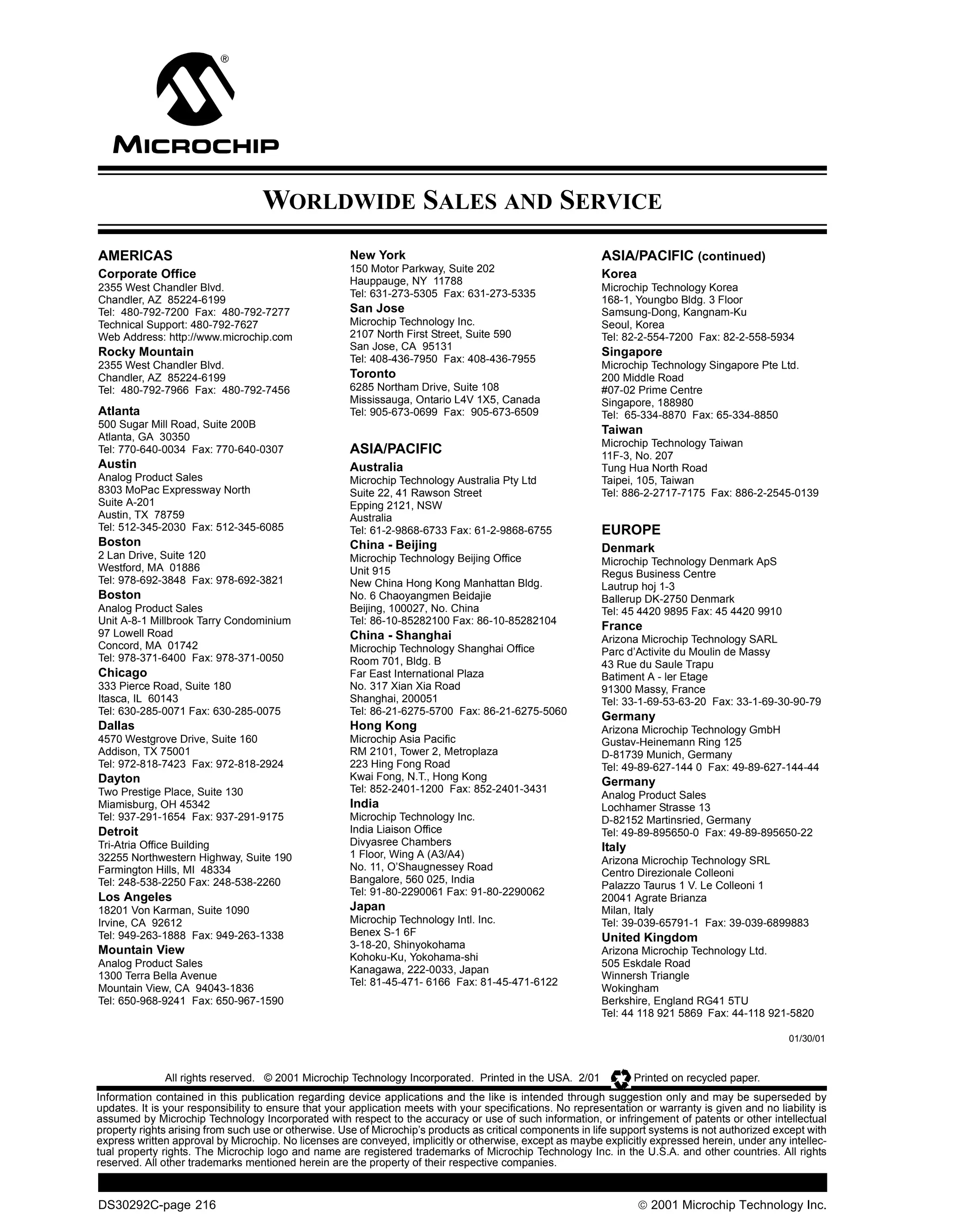 WORLDWIDE SALES AND SERVICE
AMERICAS                                              New York                                              ASIA/PACIFIC (continued)
                                                      150 Motor Parkway, Suite 202
Corporate Office                                                                                            Korea
                                                      Hauppauge, NY 11788
2355 West Chandler Blvd.                                                                                    Microchip Technology Korea
                                                      Tel: 631-273-5305 Fax: 631-273-5335
Chandler, AZ 85224-6199                                                                                     168-1, Youngbo Bldg. 3 Floor
Tel: 480-792-7200 Fax: 480-792-7277                   San Jose                                              Samsung-Dong, Kangnam-Ku
Technical Support: 480-792-7627                       Microchip Technology Inc.                             Seoul, Korea
Web Address: http://www.microchip.com                 2107 North First Street, Suite 590                    Tel: 82-2-554-7200 Fax: 82-2-558-5934
                                                      San Jose, CA 95131
Rocky Mountain                                                                                              Singapore
                                                      Tel: 408-436-7950 Fax: 408-436-7955
2355 West Chandler Blvd.                                                                                    Microchip Technology Singapore Pte Ltd.
Chandler, AZ 85224-6199                               Toronto                                               200 Middle Road
Tel: 480-792-7966 Fax: 480-792-7456                   6285 Northam Drive, Suite 108                         #07-02 Prime Centre
                                                      Mississauga, Ontario L4V 1X5, Canada                  Singapore, 188980
Atlanta                                               Tel: 905-673-0699 Fax: 905-673-6509                   Tel: 65-334-8870 Fax: 65-334-8850
500 Sugar Mill Road, Suite 200B
                                                                                                            Taiwan
Atlanta, GA 30350
                                                                                                            Microchip Technology Taiwan
Tel: 770-640-0034 Fax: 770-640-0307                   ASIA/PACIFIC                                          11F-3, No. 207
Austin                                                Australia                                             Tung Hua North Road
Analog Product Sales                                  Microchip Technology Australia Pty Ltd                Taipei, 105, Taiwan
8303 MoPac Expressway North                           Suite 22, 41 Rawson Street                            Tel: 886-2-2717-7175 Fax: 886-2-2545-0139
Suite A-201                                           Epping 2121, NSW
Austin, TX 78759                                      Australia
Tel: 512-345-2030 Fax: 512-345-6085                   Tel: 61-2-9868-6733 Fax: 61-2-9868-6755               EUROPE
Boston                                                China - Beijing                                       Denmark
2 Lan Drive, Suite 120                                Microchip Technology Beijing Office                   Microchip Technology Denmark ApS
Westford, MA 01886                                    Unit 915                                              Regus Business Centre
Tel: 978-692-3848 Fax: 978-692-3821                   New China Hong Kong Manhattan Bldg.                   Lautrup hoj 1-3
Boston                                                No. 6 Chaoyangmen Beidajie                            Ballerup DK-2750 Denmark
Analog Product Sales                                  Beijing, 100027, No. China                            Tel: 45 4420 9895 Fax: 45 4420 9910
Unit A-8-1 Millbrook Tarry Condominium                Tel: 86-10-85282100 Fax: 86-10-85282104
                                                                                                            France
97 Lowell Road                                        China - Shanghai                                      Arizona Microchip Technology SARL
Concord, MA 01742                                     Microchip Technology Shanghai Office                  Parc d’Activite du Moulin de Massy
Tel: 978-371-6400 Fax: 978-371-0050                   Room 701, Bldg. B                                     43 Rue du Saule Trapu
Chicago                                               Far East International Plaza                          Batiment A - ler Etage
333 Pierce Road, Suite 180                            No. 317 Xian Xia Road                                 91300 Massy, France
Itasca, IL 60143                                      Shanghai, 200051                                      Tel: 33-1-69-53-63-20 Fax: 33-1-69-30-90-79
Tel: 630-285-0071 Fax: 630-285-0075                   Tel: 86-21-6275-5700 Fax: 86-21-6275-5060
                                                                                                            Germany
Dallas                                                Hong Kong                                             Arizona Microchip Technology GmbH
4570 Westgrove Drive, Suite 160                       Microchip Asia Pacific                                Gustav-Heinemann Ring 125
Addison, TX 75001                                     RM 2101, Tower 2, Metroplaza                          D-81739 Munich, Germany
Tel: 972-818-7423 Fax: 972-818-2924                   223 Hing Fong Road                                    Tel: 49-89-627-144 0 Fax: 49-89-627-144-44
Dayton                                                Kwai Fong, N.T., Hong Kong
                                                                                                            Germany
Two Prestige Place, Suite 130                         Tel: 852-2401-1200 Fax: 852-2401-3431
                                                                                                            Analog Product Sales
Miamisburg, OH 45342                                  India                                                 Lochhamer Strasse 13
Tel: 937-291-1654 Fax: 937-291-9175                   Microchip Technology Inc.                             D-82152 Martinsried, Germany
Detroit                                               India Liaison Office                                  Tel: 49-89-895650-0 Fax: 49-89-895650-22
Tri-Atria Office Building                             Divyasree Chambers
                                                                                                            Italy
32255 Northwestern Highway, Suite 190                 1 Floor, Wing A (A3/A4)
                                                                                                            Arizona Microchip Technology SRL
Farmington Hills, MI 48334                            No. 11, O’Shaugnessey Road
                                                                                                            Centro Direzionale Colleoni
Tel: 248-538-2250 Fax: 248-538-2260                   Bangalore, 560 025, India
                                                                                                            Palazzo Taurus 1 V. Le Colleoni 1
                                                      Tel: 91-80-2290061 Fax: 91-80-2290062
Los Angeles                                                                                                 20041 Agrate Brianza
18201 Von Karman, Suite 1090                          Japan                                                 Milan, Italy
Irvine, CA 92612                                      Microchip Technology Intl. Inc.                       Tel: 39-039-65791-1 Fax: 39-039-6899883
Tel: 949-263-1888 Fax: 949-263-1338                   Benex S-1 6F
                                                                                                            United Kingdom
                                                      3-18-20, Shinyokohama
Mountain View                                                                                               Arizona Microchip Technology Ltd.
                                                      Kohoku-Ku, Yokohama-shi
Analog Product Sales                                                                                        505 Eskdale Road
                                                      Kanagawa, 222-0033, Japan
1300 Terra Bella Avenue                                                                                     Winnersh Triangle
                                                      Tel: 81-45-471- 6166 Fax: 81-45-471-6122
Mountain View, CA 94043-1836                                                                                Wokingham
Tel: 650-968-9241 Fax: 650-967-1590                                                                         Berkshire, England RG41 5TU
                                                                                                            Tel: 44 118 921 5869 Fax: 44-118 921-5820

                                                                                                                                                    01/30/01



              All rights reserved. © 2001 Microchip Technology Incorporated. Printed in the USA. 2/01               Printed on recycled paper.
Information contained in this publication regarding device applications and the like is intended through suggestion only and may be superseded by
updates. It is your responsibility to ensure that your application meets with your specifications. No representation or warranty is given and no liability is
assumed by Microchip Technology Incorporated with respect to the accuracy or use of such information, or infringement of patents or other intellectual
property rights arising from such use or otherwise. Use of Microchip’s products as critical components in life support systems is not authorized except with
express written approval by Microchip. No licenses are conveyed, implicitly or otherwise, except as maybe explicitly expressed herein, under any intellec-
tual property rights. The Microchip logo and name are registered trademarks of Microchip Technology Inc. in the U.S.A. and other countries. All rights
reserved. All other trademarks mentioned herein are the property of their respective companies.


DS30292C-page 216                                                                                                    2001 Microchip Technology Inc.
 