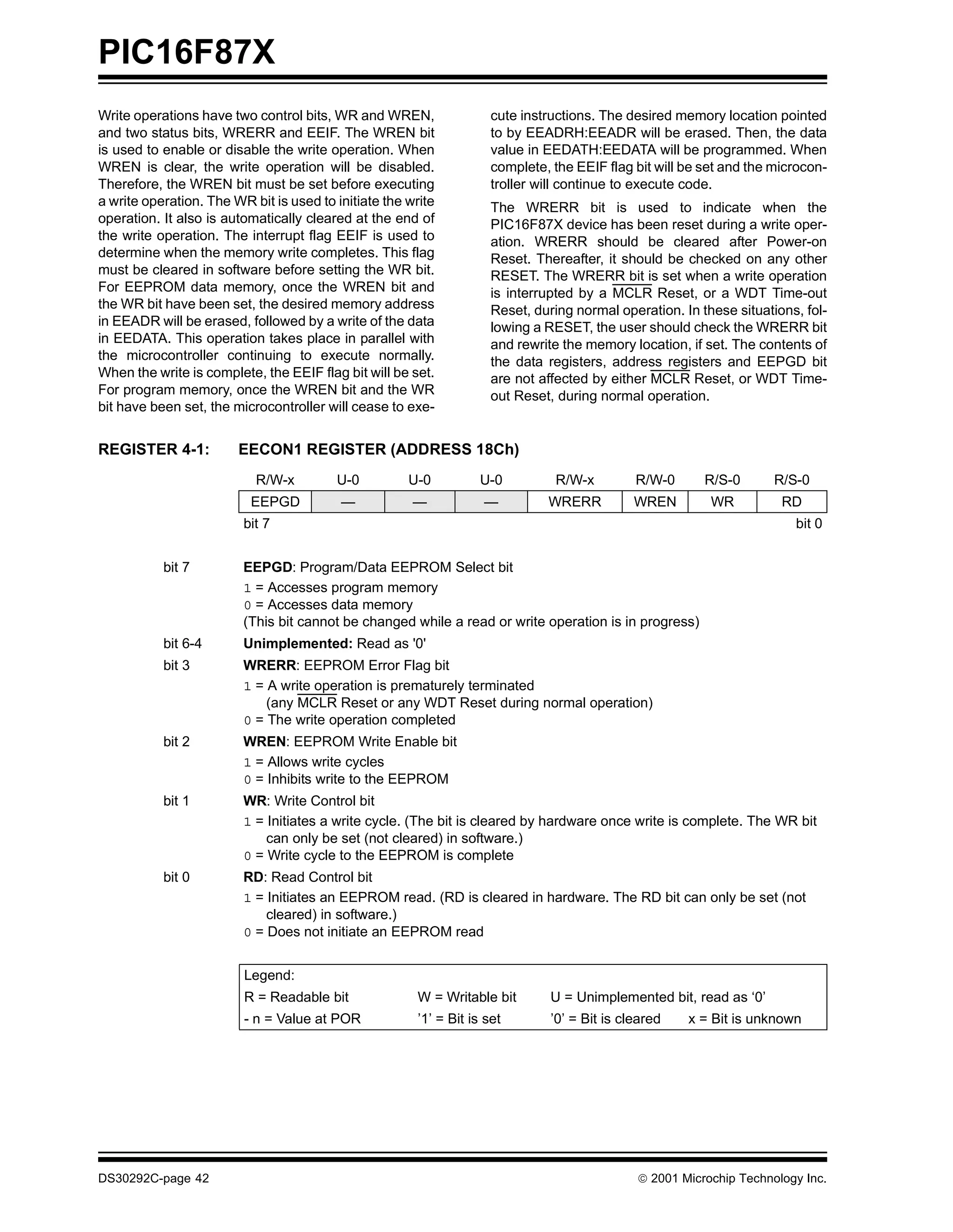 PIC16F87X
Write operations have two control bits, WR and WREN,                  cute instructions. The desired memory location pointed
and two status bits, WRERR and EEIF. The WREN bit                     to by EEADRH:EEADR will be erased. Then, the data
is used to enable or disable the write operation. When                value in EEDATH:EEDATA will be programmed. When
WREN is clear, the write operation will be disabled.                  complete, the EEIF flag bit will be set and the microcon-
Therefore, the WREN bit must be set before executing                  troller will continue to execute code.
a write operation. The WR bit is used to initiate the write           The WRERR bit is used to indicate when the
operation. It also is automatically cleared at the end of             PIC16F87X device has been reset during a write oper-
the write operation. The interrupt flag EEIF is used to               ation. WRERR should be cleared after Power-on
determine when the memory write completes. This flag                  Reset. Thereafter, it should be checked on any other
must be cleared in software before setting the WR bit.                RESET. The WRERR bit is set when a write operation
For EEPROM data memory, once the WREN bit and                         is interrupted by a MCLR Reset, or a WDT Time-out
the WR bit have been set, the desired memory address                  Reset, during normal operation. In these situations, fol-
in EEADR will be erased, followed by a write of the data              lowing a RESET, the user should check the WRERR bit
in EEDATA. This operation takes place in parallel with                and rewrite the memory location, if set. The contents of
the microcontroller continuing to execute normally.                   the data registers, address registers and EEPGD bit
When the write is complete, the EEIF flag bit will be set.            are not affected by either MCLR Reset, or WDT Time-
For program memory, once the WREN bit and the WR                      out Reset, during normal operation.
bit have been set, the microcontroller will cease to exe-


REGISTER 4-1:           EECON1 REGISTER (ADDRESS 18Ch)
                           R/W-x         U-0          U-0           U-0          R/W-x         R/W-0      R/S-0       R/S-0
                          EEPGD           —            —            —          WRERR           WREN        WR          RD
                         bit 7                                                                                           bit 0


           bit 7         EEPGD: Program/Data EEPROM Select bit
                         1 = Accesses program memory
                         0 = Accesses data memory
                         (This bit cannot be changed while a read or write operation is in progress)
           bit 6-4       Unimplemented: Read as '0'
           bit 3         WRERR: EEPROM Error Flag bit
                         1 = A write operation is prematurely terminated
                             (any MCLR Reset or any WDT Reset during normal operation)
                         0 = The write operation completed
           bit 2         WREN: EEPROM Write Enable bit
                         1 = Allows write cycles
                         0 = Inhibits write to the EEPROM
           bit 1         WR: Write Control bit
                         1 = Initiates a write cycle. (The bit is cleared by hardware once write is complete. The WR bit
                             can only be set (not cleared) in software.)
                         0 = Write cycle to the EEPROM is complete
           bit 0         RD: Read Control bit
                         1 = Initiates an EEPROM read. (RD is cleared in hardware. The RD bit can only be set (not
                             cleared) in software.)
                         0 = Does not initiate an EEPROM read


                         Legend:
                         R = Readable bit               W = Writable bit        U = Unimplemented bit, read as ‘0’
                         - n = Value at POR             ’1’ = Bit is set        ’0’ = Bit is cleared   x = Bit is unknown




DS30292C-page 42                                                                                2001 Microchip Technology Inc.
 
