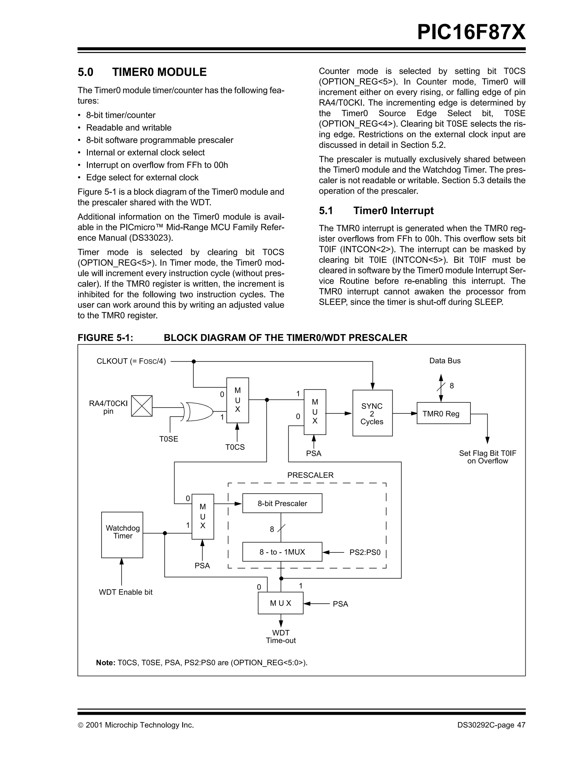 PIC16F87X
5.0       TIMER0 MODULE                                                     Counter mode is selected by setting bit T0CS
                                                                            (OPTION_REG<5>). In Counter mode, Timer0 will
The Timer0 module timer/counter has the following fea-                      increment either on every rising, or falling edge of pin
tures:                                                                      RA4/T0CKI. The incrementing edge is determined by
•   8-bit timer/counter                                                     the Timer0 Source Edge Select bit, T0SE
•   Readable and writable                                                   (OPTION_REG<4>). Clearing bit T0SE selects the ris-
                                                                            ing edge. Restrictions on the external clock input are
•   8-bit software programmable prescaler
                                                                            discussed in detail in Section 5.2.
•   Internal or external clock select
                                                                            The prescaler is mutually exclusively shared between
•   Interrupt on overflow from FFh to 00h
                                                                            the Timer0 module and the Watchdog Timer. The pres-
•   Edge select for external clock                                          caler is not readable or writable. Section 5.3 details the
Figure 5-1 is a block diagram of the Timer0 module and                      operation of the prescaler.
the prescaler shared with the WDT.
                                                                            5.1      Timer0 Interrupt
Additional information on the Timer0 module is avail-
able in the PICmicro™ Mid-Range MCU Family Refer-                           The TMR0 interrupt is generated when the TMR0 reg-
ence Manual (DS33023).                                                      ister overflows from FFh to 00h. This overflow sets bit
Timer mode is selected by clearing bit T0CS                                 T0IF (INTCON<2>). The interrupt can be masked by
(OPTION_REG<5>). In Timer mode, the Timer0 mod-                             clearing bit T0IE (INTCON<5>). Bit T0IF must be
ule will increment every instruction cycle (without pres-                   cleared in software by the Timer0 module Interrupt Ser-
caler). If the TMR0 register is written, the increment is                   vice Routine before re-enabling this interrupt. The
inhibited for the following two instruction cycles. The                     TMR0 interrupt cannot awaken the processor from
user can work around this by writing an adjusted value                      SLEEP, since the timer is shut-off during SLEEP.
to the TMR0 register.

FIGURE 5-1:             BLOCK DIAGRAM OF THE TIMER0/WDT PRESCALER

      CLKOUT (= FOSC/4)                                                                                   Data Bus


                                                                                                                8
                                              M                    1
                                         0
    RA4/T0CKI                                 U                         M
                                              X                                        SYNC
       pin                                                              U                2               TMR0 Reg
                                         1                         0
                                                                        X              Cycles

                        T0SE
                                             T0CS
                                                                       PSA                                          Set Flag Bit T0IF
                                                                                                                      on Overflow
                                                             PRESCALER


                               0
                                   M                8-bit Prescaler
                                   U
        Watchdog               1   X                     8
         Timer

                                                    8 - to - 1MUX                    PS2:PS0
                                   PSA

                                                    0              1
       WDT Enable bit
                                                         MUX                   PSA


                                                          WDT
                                                        Time-out

      Note: T0CS, T0SE, PSA, PS2:PS0 are (OPTION_REG<5:0>).




 2001 Microchip Technology Inc.                                                                                    DS30292C-page 47
 