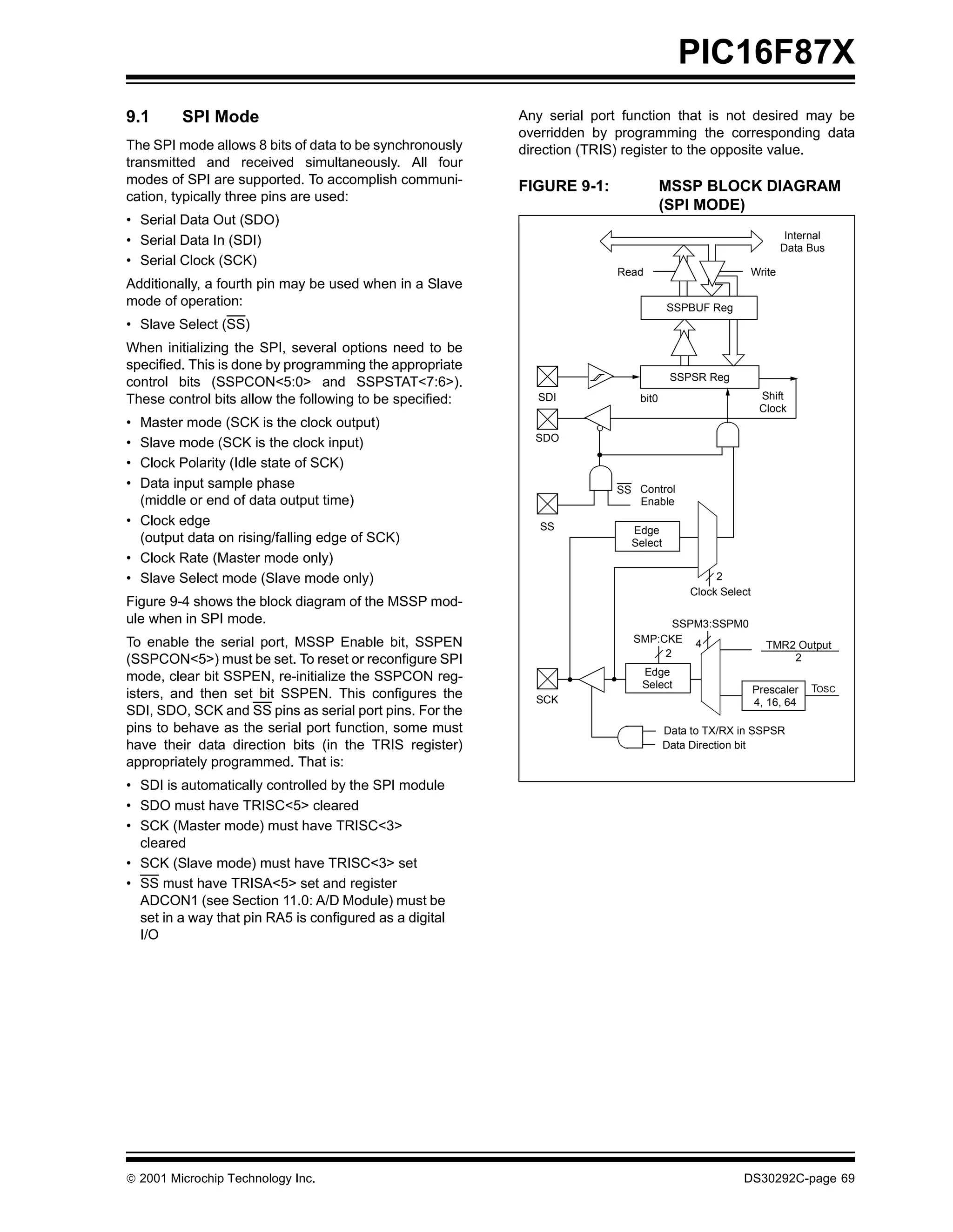 PIC16F87X
9.1      SPI Mode                                         Any serial port function that is not desired may be
                                                          overridden by programming the corresponding data
The SPI mode allows 8 bits of data to be synchronously    direction (TRIS) register to the opposite value.
transmitted and received simultaneously. All four
modes of SPI are supported. To accomplish communi-
                                                          FIGURE 9-1:              MSSP BLOCK DIAGRAM
cation, typically three pins are used:
                                                                                   (SPI MODE)
• Serial Data Out (SDO)
                                                                                                                Internal
• Serial Data In (SDI)                                                                                         Data Bus
• Serial Clock (SCK)
                                                                        Read                           Write
Additionally, a fourth pin may be used when in a Slave
mode of operation:                                                                  SSPBUF Reg
• Slave Select (SS)
When initializing the SPI, several options need to be
specified. This is done by programming the appropriate
                                                                                     SSPSR Reg
control bits (SSPCON<5:0> and SSPSTAT<7:6>).
These control bits allow the following to be specified:     SDI             bit0                        Shift
                                                                                                        Clock
• Master mode (SCK is the clock output)
                                                            SDO
• Slave mode (SCK is the clock input)
• Clock Polarity (Idle state of SCK)
• Data input sample phase                                               SS Control
  (middle or end of data output time)                                      Enable
• Clock edge                                                 SS            Edge
  (output data on rising/falling edge of SCK)                              Select
• Clock Rate (Master mode only)
• Slave Select mode (Slave mode only)                                                        2
                                                                                        Clock Select
Figure 9-4 shows the block diagram of the MSSP mod-
ule when in SPI mode.                                                             SSPM3:SSPM0
To enable the serial port, MSSP Enable bit, SSPEN                          SMP:CKE 4
                                                                                                          TMR2 Output
                                                                                2                             2
(SSPCON<5>) must be set. To reset or reconfigure SPI
mode, clear bit SSPEN, re-initialize the SSPCON reg-                         Edge
                                                                             Select                    Prescaler     TOSC
isters, and then set bit SSPEN. This configures the         SCK                                        4, 16, 64
SDI, SDO, SCK and SS pins as serial port pins. For the
pins to behave as the serial port function, some must                               Data to TX/RX in SSPSR
have their data direction bits (in the TRIS register)                               Data Direction bit
appropriately programmed. That is:
• SDI is automatically controlled by the SPI module
• SDO must have TRISC<5> cleared
• SCK (Master mode) must have TRISC<3>
  cleared
• SCK (Slave mode) must have TRISC<3> set
• SS must have TRISA<5> set and register
  ADCON1 (see Section 11.0: A/D Module) must be
  set in a way that pin RA5 is configured as a digital
  I/O




 2001 Microchip Technology Inc.                                                                  DS30292C-page 69
 