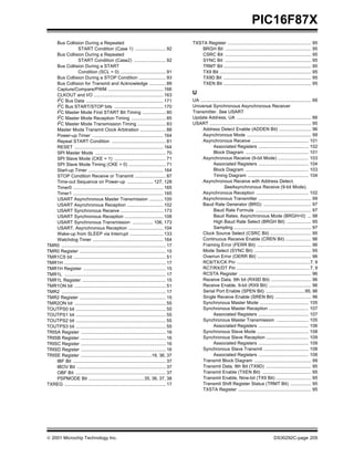PIC16F87X
    Bus Collision During a Repeated                                                         TXSTA Register ................................................................. 95
                  START Condition (Case 1) ........................ 92                          BRGH Bit ................................................................... 95
    Bus Collision During a Repeated                                                             CSRC Bit ................................................................... 95
                  START Condition (Case2) ......................... 92                          SYNC Bit ................................................................... 95
    Bus Collision During a START                                                                TRMT Bit .................................................................... 95
                  Condition (SCL = 0) ................................... 91                    TX9 Bit ....................................................................... 95
    Bus Collision During a STOP Condition ..................... 93                              TX9D Bit .................................................................... 95
    Bus Collision for Transmit and Acknowledge ............. 89                                 TXEN Bit .................................................................... 95
    Capture/Compare/PWM ........................................... 166
    CLKOUT and I/O ...................................................... 163               U
    I2C Bus Data ............................................................ 171           UA ...................................................................................... 66
    I2C Bus START/STOP bits ...................................... 170                      Universal Synchronous Asynchronous Receiver
    I2C Master Mode First START Bit Timing .................. 80                            Transmitter. See USART
    I2C Master Mode Reception Timing ........................... 85                         Update Address, UA .......................................................... 66
    I2C Master Mode Transmission Timing ...................... 83                           USART ............................................................................... 95
    Master Mode Transmit Clock Arbitration .................... 88                               Address Detect Enable (ADDEN Bit) ......................... 96
    Power-up Timer ....................................................... 164                   Asynchronous Mode .................................................. 99
    Repeat START Condition .......................................... 81                         Asynchronous Receive ............................................ 101
    RESET ..................................................................... 164                      Associated Registers ....................................... 102
    SPI Master Mode ....................................................... 70                           Block Diagram ................................................. 101
    SPI Slave Mode (CKE = 1) ........................................ 71                         Asynchronous Receive (9-bit Mode) ........................ 103
    SPI Slave Mode Timing (CKE = 0) ............................. 71                                     Associated Registers ....................................... 104
    Start-up Timer .......................................................... 164                        Block Diagram ................................................. 103
    STOP Condition Receive or Transmit ........................ 87                                       Timing Diagram ............................................... 104
    Time-out Sequence on Power-up .................... 127, 128                                  Asynchronous Receive with Address Detect.
    Timer0 ...................................................................... 165                            SeeAsynchronous Receive (9-bit Mode).
    Timer1 ...................................................................... 165            Asynchronous Reception ......................................... 102
    USART Asynchronous Master Transmission ........... 100                                       Asynchronous Transmitter ......................................... 99
    USART Asynchronous Reception ............................ 102                                Baud Rate Generator (BRG) ..................................... 97
    USART Synchronous Receive ................................. 173                                      Baud Rate Formula ........................................... 97
    USART Synchronous Reception .............................. 108                                       Baud Rates, Asynchronous Mode (BRGH=0) ... 98
    USART Synchronous Transmission ................ 106, 173                                             High Baud Rate Select (BRGH Bit) ................... 95
    USART, Asynchronous Reception ........................... 104                                        Sampling ............................................................ 97
    Wake-up from SLEEP via Interrupt .......................... 133                              Clock Source Select (CSRC Bit) ................................ 95
    Watchdog Timer ....................................................... 164                   Continuous Receive Enable (CREN Bit) .................... 96
TMR0 ................................................................................. 17        Framing Error (FERR Bit) .......................................... 96
TMR0 Register ................................................................... 15             Mode Select (SYNC Bit) ............................................ 95
TMR1CS bit ........................................................................ 51           Overrun Error (OERR Bit) .......................................... 96
TMR1H ............................................................................... 17         RC6/TX/CK Pin .........................................................7, 9
TMR1H Register ................................................................ 15               RC7/RX/DT Pin .........................................................7, 9
TMR1L ............................................................................... 17         RCSTA Register ........................................................ 96
TMR1L Register ................................................................. 15              Receive Data, 9th bit (RX9D Bit) ............................... 96
TMR1ON bit ....................................................................... 51            Receive Enable, 9-bit (RX9 Bit) ................................. 96
TMR2 ................................................................................. 17        Serial Port Enable (SPEN Bit) ..............................95, 96
TMR2 Register ................................................................... 15             Single Receive Enable (SREN Bit) ............................ 96
TMR2ON bit ....................................................................... 55            Synchronous Master Mode ...................................... 105
TOUTPS0 bit ...................................................................... 55            Synchronous Master Reception ............................... 107
TOUTPS1 bit ...................................................................... 55                    Associated Registers ....................................... 107
TOUTPS2 bit ...................................................................... 55            Synchronous Master Transmission ......................... 105
TOUTPS3 bit ...................................................................... 55                    Associated Registers ....................................... 106
TRISA Register .................................................................. 16             Synchronous Slave Mode ........................................ 108
TRISB Register .................................................................. 16             Synchronous Slave Reception ................................. 109
TRISC Register .................................................................. 16                     Associated Registers ....................................... 109
TRISD Register .................................................................. 16             Synchronous Slave Transmit ................................... 108
TRISE Register .......................................................16, 36, 37                         Associated Registers ....................................... 108
    IBF Bit ........................................................................ 37          Transmit Block Diagram ............................................ 99
    IBOV Bit ..................................................................... 37            Transmit Data, 9th Bit (TX9D) ................................... 95
    OBF Bit ...................................................................... 37            Transmit Enable (TXEN Bit) ...................................... 95
    PSPMODE Bit ...........................................35, 36, 37, 38                        Transmit Enable, Nine-bit (TX9 Bit) ........................... 95
TXREG ............................................................................... 17         Transmit Shift Register Status (TRMT Bit) ................ 95
                                                                                                 TXSTA Register ......................................................... 95




 2001 Microchip Technology Inc.                                                                                                                       DS30292C-page 205
 