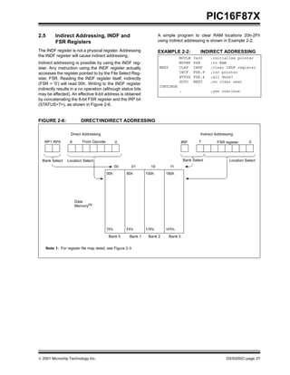 PIC16F87X
2.5        Indirect Addressing, INDF and                                 A simple program to clear RAM locations 20h-2Fh
           FSR Registers                                                 using indirect addressing is shown in Example 2-2.

The INDF register is not a physical register. Addressing                 EXAMPLE 2-2:             INDIRECT ADDRESSING
the INDF register will cause indirect addressing.                                    MOVLW     0x20    ;initialize pointer
Indirect addressing is possible by using the INDF reg-                               MOVWF     FSR     ;to RAM
ister. Any instruction using the INDF register actually                  NEXT        CLRF      INDF    ;clear INDF register
accesses the register pointed to by the File Select Reg-                             INCF      FSR,F   ;inc pointer
ister, FSR. Reading the INDF register itself, indirectly                             BTFSS     FSR,4   ;all done?
                                                                                     GOTO      NEXT    ;no clear next
(FSR = ’0’) will read 00h. Writing to the INDF register
                                                                         CONTINUE
indirectly results in a no operation (although status bits                           :                 ;yes continue
may be affected). An effective 9-bit address is obtained
by concatenating the 8-bit FSR register and the IRP bit
(STATUS<7>), as shown in Figure 2-6.


FIGURE 2-6:                DIRECT/INDIRECT ADDRESSING

                     Direct Addressing                                                            Indirect Addressing

   RP1:RP0          6       From Opcode          0                                       IRP     7         FSR register      0




  Bank Select      Location Select                                                       Bank Select              Location Select
                                                 00       01        10          11
                                           00h         80h        100h      180h




                        Data
                        Memory(1)




                                           7Fh         FFh        17Fh      1FFh
                                            Bank 0       Bank 1    Bank 2       Bank 3


      Note 1: For register file map detail, see Figure 2-3.




 2001 Microchip Technology Inc.                                                                                 DS30292C-page 27
 