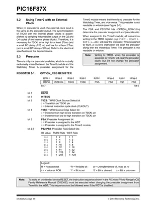 PIC16F87X
5.2       Using Timer0 with an External                            Timer0 module means that there is no prescaler for the
          Clock                                                    Watchdog Timer, and vice-versa. This prescaler is not
                                                                   readable or writable (see Figure 5-1).
When no prescaler is used, the external clock input is
                                                                   The PSA and PS2:PS0 bits (OPTION_REG<3:0>)
the same as the prescaler output. The synchronization
                                                                   determine the prescaler assignment and prescale ratio.
of T0CKI with the internal phase clocks is accom-
plished by sampling the prescaler output on the Q2 and             When assigned to the Timer0 module, all instructions
Q4 cycles of the internal phase clocks. Therefore, it is           writing to the TMR0 register (e.g. CLRF 1, MOVWF 1,
necessary for T0CKI to be high for at least 2Tosc (and             BSF 1,x....etc.) will clear the prescaler. When assigned
a small RC delay of 20 ns) and low for at least 2Tosc              to WDT, a CLRWDT instruction will clear the prescaler
(and a small RC delay of 20 ns). Refer to the electrical           along with the Watchdog Timer. The prescaler is not
specification of the desired device.                               readable or writable.
                                                                        Note:    Writing to TMR0, when the prescaler is
5.3       Prescaler                                                              assigned to Timer0, will clear the prescaler
There is only one prescaler available, which is mutually                         count, but will not change the prescaler
exclusively shared between the Timer0 module and the                             assignment.
Watchdog Timer. A prescaler assignment for the

REGISTER 5-1:          OPTION_REG REGISTER
                          R/W-1       R/W-1       R/W-1        R/W-1            R/W-1          R/W-1      R/W-1      R/W-1
                          RBPU       INTEDG       T0CS         T0SE              PSA            PS2        PS1        PS0
                        bit 7                                                                                            bit 0


           bit 7        RBPU
           bit 6        INTEDG
           bit 5        T0CS: TMR0 Clock Source Select bit
                        1 = Transition on T0CKI pin
                        0 = Internal instruction cycle clock (CLKOUT)
           bit 4        T0SE: TMR0 Source Edge Select bit
                        1 = Increment on high-to-low transition on T0CKI pin
                        0 = Increment on low-to-high transition on T0CKI pin
           bit 3        PSA: Prescaler Assignment bit
                        1 = Prescaler is assigned to the WDT
                        0 = Prescaler is assigned to the Timer0 module
           bit 2-0      PS2:PS0: Prescaler Rate Select bits
                        Bit Value TMR0 Rate WDT Rate
                          000         1:2          1:1
                          001         1:4          1:2
                          010         1:8          1:4
                          011         1 : 16       1:8
                          100         1 : 32       1 : 16
                          101         1 : 64       1 : 32
                          110         1 : 128      1 : 64
                          111         1 : 256      1 : 128


                        Legend:
                        R = Readable bit             W = Writable bit           U = Unimplemented bit, read as ‘0’
                        - n = Value at POR           ’1’ = Bit is set           ’0’ = Bit is cleared   x = Bit is unknown


  Note:    To avoid an unintended device RESET, the instruction sequence shown in the PICmicro™ Mid-Range MCU
           Family Reference Manual (DS33023) must be executed when changing the prescaler assignment from
           Timer0 to the WDT. This sequence must be followed even if the WDT is disabled.




DS30292C-page 48                                                                                2001 Microchip Technology Inc.
 