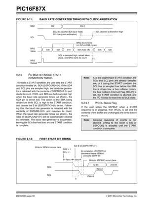 PIC16F87X
FIGURE 9-11:           BAUD RATE GENERATOR TIMING WITH CLOCK ARBITRATION

             SDA                      DX                             DX-1

                                      SCL de-asserted but slave holds                 SCL allowed to transition high
                                      SCL low (clock arbitration)
             SCL

                                                               BRG decrements
                                                               (on Q2 and Q4 cycles)
             BRG
                               03h         02h        01h         00h (hold off)         03h       02h
             Value

                                            SCL is sampled high, reload takes
                                            place, and BRG starts its count
             BRG
             Reload




9.2.9      I2C MASTER MODE START
           CONDITION TIMING                                              Note:      If, at the beginning of START condition, the
                                                                                    SDA and SCL pins are already sampled
To initiate a START condition, the user sets the START                              low, or if during the START condition the
condition enable bit, SEN (SSPCON2<0>). If the SDA                                  SCL line is sampled low before the SDA
and SCL pins are sampled high, the baud rate genera-                                line is driven low, a bus collision occurs,
tor is reloaded with the contents of SSPADD<6:0> and                                the Bus Collision Interrupt Flag (BCLIF) is
starts its count. If SCL and SDA are both sampled high                              set, the START condition is aborted, and
when the baud rate generator times out (TBRG), the                                  the I2C module is reset into its IDLE state.
SDA pin is driven low. The action of the SDA being
driven low while SCL is high is the START condition,                  9.2.9.1         WCOL Status Flag
and causes the S bit (SSPSTAT<3>) to be set. Follow-
                                                                      If the user writes the SSPBUF when a START
ing this, the baud rate generator is reloaded with the
                                                                      sequence is in progress, then WCOL is set and the
contents of SSPADD<6:0> and resumes its count.
                                                                      contents of the buffer are unchanged (the write doesn’t
When the baud rate generator times out (TBRG), the
                                                                      occur).
SEN bit (SSPCON2<0>) will be automatically cleared
by hardware. The baud rate generator is suspended,                       Note:      Because queueing of events is not
leaving the SDA line held low, and the START condition                              allowed, writing to the lower 5 bits of
is complete.                                                                        SSPCON2 is disabled until the START
                                                                                    condition is complete.



FIGURE 9-12:           FIRST START BIT TIMING

                                                             Set S bit (SSPSTAT<3>)
                   Write to SEN bit occurs here
                                                  SDA = 1,
                                                                     At completion of START bit,
                                                  SCL = 1
                                                                     Hardware clears SEN bit
                                                                        and sets SSPIF bit
                                                    TBRG     TBRG              Write to SSPBUF occurs here

                                                                                   1st Bit            2nd Bit
                                SDA
                                                                                        TBRG

                                SCL
                                                                             TBRG
                                                              S




DS30292C-page 80                                                                                  2001 Microchip Technology Inc.
 