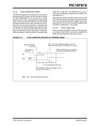 PIC16F87X
9.2.14      STOP CONDITION TIMING                                   while SCL is high, the P bit (SSPSTAT<4>) is set. A
                                                                    TBRG later, the PEN bit is cleared and the SSPIF bit is
A STOP bit is asserted on the SDA pin at the end of a               set (Figure 9-17).
receive/transmit by setting the Stop Sequence Enable
bit, PEN (SSPCON2<2>). At the end of a receive/                     Whenever the firmware decides to take control of the
transmit, the SCL line is held low after the falling edge           bus, it will first determine if the bus is busy by checking
of the ninth clock. When the PEN bit is set, the master             the S and P bits in the SSPSTAT register. If the bus is
will assert the SDA line low. When the SDA line is sam-             busy, then the CPU can be interrupted (notified) when
pled low, the baud rate generator is reloaded and                   a STOP bit is detected (i.e., bus is free).
counts down to 0. When the baud rate generator times
                                                                    9.2.14.1          WCOL Status Flag
out, the SCL pin will be brought high, and one TBRG
(baud rate generator rollover count) later, the SDA pin             If the user writes the SSPBUF when a STOP sequence
will be de-asserted. When the SDA pin is sampled high               is in progress, then WCOL is set and the contents of the
                                                                    buffer are unchanged (the write doesn’t occur).

FIGURE 9-17:             STOP CONDITION RECEIVE OR TRANSMIT MODE



                                                             SCL = 1 for TBRG, followed by SDA = 1 for TBRG
                  Write to SSPCON2
                                                             after SDA sampled high. P bit (SSPSTAT<4>) is set.
                            Set PEN

                     Falling edge of                                      PEN bit (SSPCON2<2>) is cleared by
                     9th clock                                             hardware and the SSPIF bit is set
                                           TBRG
               SCL


               SDA         ACK
                                                              P
                                          TBRG        TBRG        TBRG
                                                       SCL brought high after TBRG

                                       SDA asserted low before rising edge of clock
                                       to setup STOP condition




               Note: TBRG = one baud rate generator period.




 2001 Microchip Technology Inc.                                                                            DS30292C-page 87
 