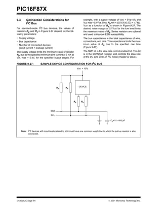 PIC16F87X
9.3        Connection Considerations for                               example, with a supply voltage of VDD = 5V±10% and
           I2C Bus                                                     VOL max = 0.4V at 3 mA, Rp min = (5.5-0.4)/0.003 = 1.7 kΩ.
                                                                       VDD as a function of Rp is shown in Figure 9-27. The
For standard-mode I2C bus devices, the values of                       desired noise margin of 0.1VDD for the low level limits
resistors Rp and Rs in Figure 9-27 depend on the fol-                  the maximum value of Rs. Series resistors are optional
lowing parameters:                                                     and used to improve ESD susceptibility.
• Supply voltage                                                       The bus capacitance is the total capacitance of wire,
• Bus capacitance                                                      connections, and pins. This capacitance limits the max-
• Number of connected devices                                          imum value of Rp due to the specified rise time
  (input current + leakage current)                                    (Figure 9-27).

The supply voltage limits the minimum value of resistor                The SMP bit is the slew rate control enabled bit. This bit
Rp, due to the specified minimum sink current of 3 mA at               is in the SSPSTAT register, and controls the slew rate
VOL max = 0.4V, for the specified output stages. For                   of the I/O pins when in I2C mode (master or slave).

FIGURE 9-27:              SAMPLE DEVICE CONFIGURATION FOR I2C BUS
                                                                  VDD + 10%




                                           Rp       Rp             DEVICE




                                                             Rs      Rs



                                     SDA

                                     SCL

                                                                                                    Cb=10 - 400 pF




      Note: I2C devices with input levels related to VDD must have one common supply line to which the pull-up resistor is also
            connected.




DS30292C-page 94                                                                                   2001 Microchip Technology Inc.
 