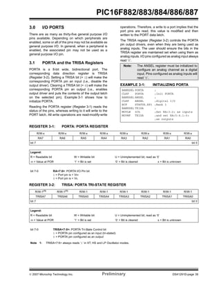 © 2007 Microchip Technology Inc. Preliminary DS41291D-page 39
PIC16F882/883/884/886/887
3.0 I/O PORTS
There are as many as thirty-five general purpose I/O
pins available. Depending on which peripherals are
enabled, some or all of the pins may not be available as
general purpose I/O. In general, when a peripheral is
enabled, the associated pin may not be used as a
general purpose I/O pin.
3.1 PORTA and the TRISA Registers
PORTA is a 8-bit wide, bidirectional port. The
corresponding data direction register is TRISA
(Register 3-2). Setting a TRISA bit (= 1) will make the
corresponding PORTA pin an input (i.e., disable the
output driver). Clearing a TRISA bit (= 0) will make the
corresponding PORTA pin an output (i.e., enables
output driver and puts the contents of the output latch
on the selected pin). Example 3-1 shows how to
initialize PORTA.
Reading the PORTA register (Register 3-1) reads the
status of the pins, whereas writing to it will write to the
PORT latch. All write operations are read-modify-write
operations. Therefore, a write to a port implies that the
port pins are read, this value is modified and then
written to the PORT data latch.
The TRISA register (Register 3-2) controls the PORTA
pin output drivers, even when they are being used as
analog inputs. The user should ensure the bits in the
TRISA register are maintained set when using them as
analog inputs. I/O pins configured as analog input always
read ‘0’.
EXAMPLE 3-1: INITIALIZING PORTA
Note: The ANSEL register must be initialized to
configure an analog channel as a digital
input. Pins configured as analog inputs will
read ‘0’.
BANKSEL PORTA ;
CLRF PORTA ;Init PORTA
BANKSEL ANSEL ;
CLRF ANSEL ;digital I/O
BCF STATUS,RP1 ;Bank 1
BANKSEL TRISA ;
MOVLW 0Ch ;Set RA<3:2> as inputs
MOVWF TRISA ;and set RA<5:4,1:0>
;as outputs
REGISTER 3-1: PORTA: PORTA REGISTER
R/W-x R/W-x R/W-x R/W-x R/W-x R/W-x R/W-x R/W-x
RA7 RA6 RA5 RA4 RA3 RA2 RA1 RA0
bit 7 bit 0
Legend:
R = Readable bit W = Writable bit U = Unimplemented bit, read as ‘0’
-n = Value at POR ‘1’ = Bit is set ‘0’ = Bit is cleared x = Bit is unknown
bit 7-0 RA<7:0>: PORTA I/O Pin bit
1 = Port pin is > VIH
0 = Port pin is < VIL
REGISTER 3-2: TRISA: PORTA TRI-STATE REGISTER
R/W-1(1) R/W-1(1) R/W-1 R/W-1 R/W-1 R/W-1 R/W-1 R/W-1
TRISA7 TRISA6 TRISA5 TRISA4 TRISA3 TRISA2 TRISA1 TRISA0
bit 7 bit 0
Legend:
R = Readable bit W = Writable bit U = Unimplemented bit, read as ‘0’
-n = Value at POR ‘1’ = Bit is set ‘0’ = Bit is cleared x = Bit is unknown
bit 7-0 TRISA<7:0>: PORTA Tri-State Control bit
1 = PORTA pin configured as an input (tri-stated)
0 = PORTA pin configured as an output
Note 1: TRISA<7:6> always reads ‘1’ in XT, HS and LP Oscillator modes.
 