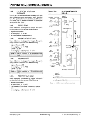 PIC16F882/883/884/886/887
DS41291D-page 50 Preliminary © 2007 Microchip Technology Inc.
3.4.4 PIN DESCRIPTIONS AND
DIAGRAMS
Each PORTB pin is multiplexed with other functions. The
pins and their combined functions are briefly described
here. For specific information about individual functions
such as the SSP, I2
C or interrupts, refer to the appropriate
section in this data sheet.
3.4.4.1 RB0/AN12/INT
Figure 3-9 shows the diagram for this pin. This pin is
configurable to function as one of the following:
• a general purpose I/O
• an analog input for the ADC
• an external edge triggered interrupt
3.4.4.2 RB1/AN10/P1C(1)
/C12IN3-
Figure 3-9 shows the diagram for this pin. This pin is
configurable to function as one of the following:
• a general purpose I/O
• an analog input for the ADC
• a PWM output(1)
• an analog input to Comparator C1 or C2
3.4.4.3 RB2/AN8/P1B(1)
Figure 3-9 shows the diagram for this pin. This pin is
configurable to function as one of the following:
• a general purpose I/O
• an analog input for the ADC
• a PWM output(1)
3.4.4.4 RB3/AN9/PGM/C12IN2-
Figure 3-9 shows the diagram for this pin. This pin is
configurable to function as one of the following:
• a general purpose I/O
• an analog input for the ADC
• Low-voltage In-Circuit Serial Programming enable
pin
• an analog input to Comparator C1 or C2
FIGURE 3-9: BLOCK DIAGRAM OF
RB<3:0>
Note 1: P1C is available on PIC16F882/883/886
only.
Note 1: P1B is available on PIC16F882/883/886
only.
I/O Pin
VDD
VSS
D
QCK
Q
D
QCK
Q
D
QCK
Q
VDD
Weak
Analog(1)
Input Mode
Data Bus
WR
WPUB
RD
WPUB
WR
PORTB
WR
TRISB
RD
TRISB
To A/D Converter
RB0/INT
Analog(1)
Input Mode
RBPU
Note 1: ANSELH determines Analog Input mode.
RB3/PGM
To Comparator (RB1, RB3)
D
QCK
Q
D
EN
Q
D
EN
Q
RD PORTB
RD
PORTB
WR
IOCB
RD
IOCB
Interrupt-on-
Change
Q3
1
0
CCP1OUT Enable
CCP1OUT
 