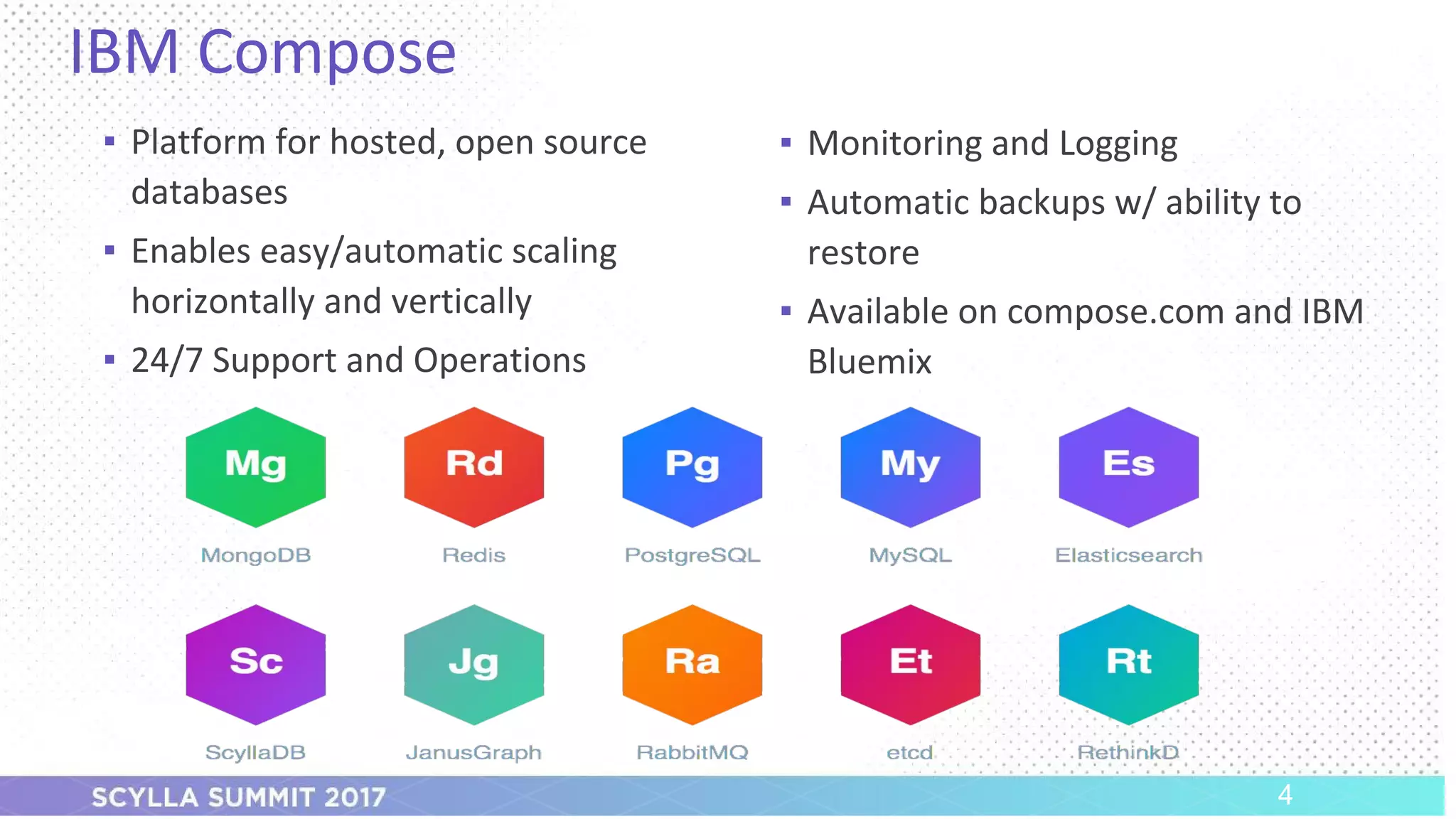 PRESENTATION TITLE ON ONE LINE
AND ON TWO LINES
First and last name
Position, company
IBM Compose
▪ Platform for hosted, open source
databases
▪ Enables easy/automatic scaling
horizontally and vertically
▪ 24/7 Support and Operations
4
▪ Monitoring and Logging
▪ Automatic backups w/ ability to
restore
▪ Available on compose.com and IBM
Bluemix
 