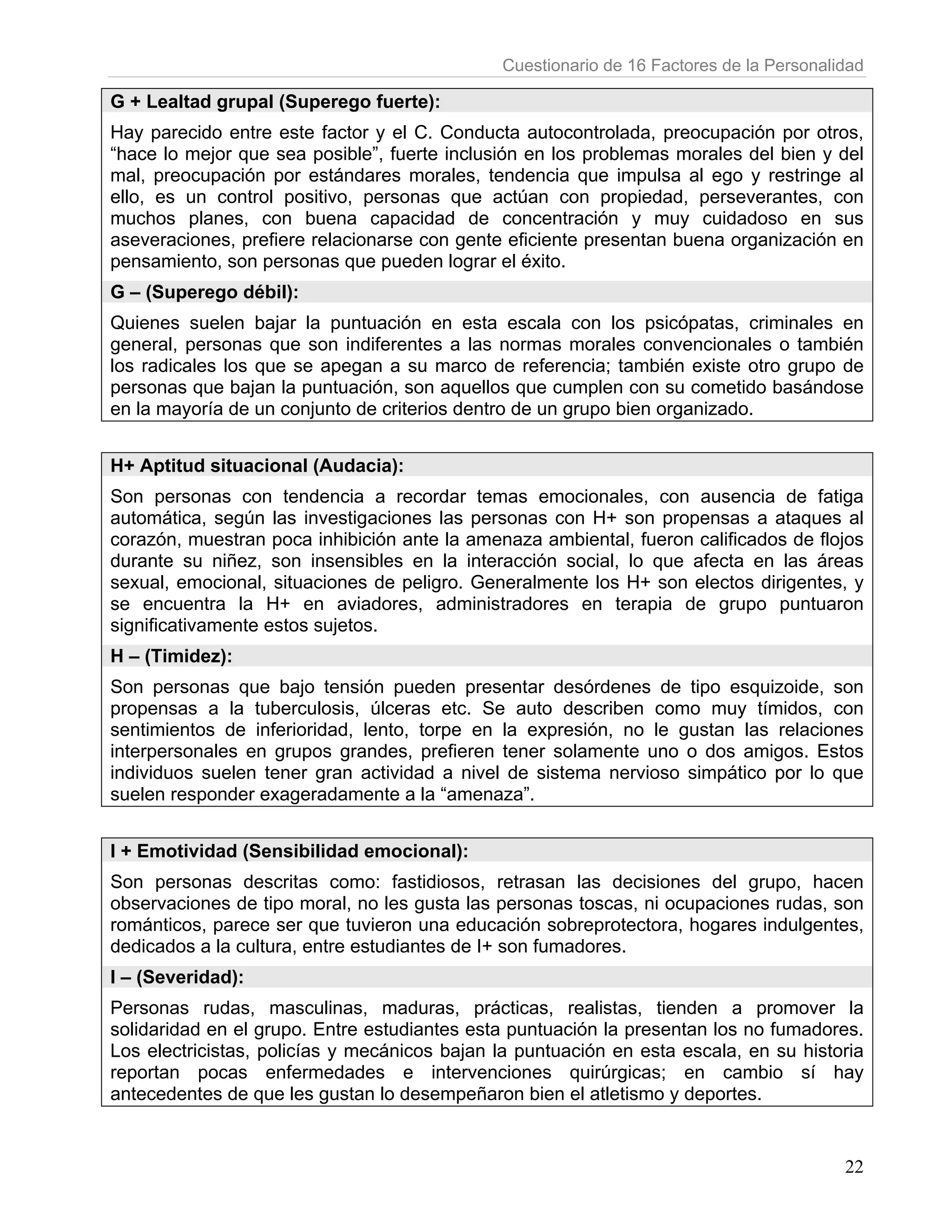Cuestionario de 16 Factores de la Personalidad

G + Lealtad grupal (Superego fuerte):
Hay parecido entre este factor y el C. Conducta autocontrolada, preocupación por otros,
“hace lo mejor que sea posible”, fuerte inclusión en los problemas morales del bien y del
mal, preocupación por estándares morales, tendencia que impulsa al ego y restringe al
ello, es un control positivo, personas que actúan con propiedad, perseverantes, con
muchos planes, con buena capacidad de concentración y muy cuidadoso en sus
aseveraciones, prefiere relacionarse con gente eficiente presentan buena organización en
pensamiento, son personas que pueden lograr el éxito.
G – (Superego débil):
Quienes suelen bajar la puntuación en esta escala con los psicópatas, criminales en
general, personas que son indiferentes a las normas morales convencionales o también
los radicales los que se apegan a su marco de referencia; también existe otro grupo de
personas que bajan la puntuación, son aquellos que cumplen con su cometido basándose
en la mayoría de un conjunto de criterios dentro de un grupo bien organizado.


H+ Aptitud situacional (Audacia):
Son personas con tendencia a recordar temas emocionales, con ausencia de fatiga
automática, según las investigaciones las personas con H+ son propensas a ataques al
corazón, muestran poca inhibición ante la amenaza ambiental, fueron calificados de flojos
durante su niñez, son insensibles en la interacción social, lo que afecta en las áreas
sexual, emocional, situaciones de peligro. Generalmente los H+ son electos dirigentes, y
se encuentra la H+ en aviadores, administradores en terapia de grupo puntuaron
significativamente estos sujetos.
H – (Timidez):
Son personas que bajo tensión pueden presentar desórdenes de tipo esquizoide, son
propensas a la tuberculosis, úlceras etc. Se auto describen como muy tímidos, con
sentimientos de inferioridad, lento, torpe en la expresión, no le gustan las relaciones
interpersonales en grupos grandes, prefieren tener solamente uno o dos amigos. Estos
individuos suelen tener gran actividad a nivel de sistema nervioso simpático por lo que
suelen responder exageradamente a la “amenaza”.


I + Emotividad (Sensibilidad emocional):
Son personas descritas como: fastidiosos, retrasan las decisiones del grupo, hacen
observaciones de tipo moral, no les gusta las personas toscas, ni ocupaciones rudas, son
románticos, parece ser que tuvieron una educación sobreprotectora, hogares indulgentes,
dedicados a la cultura, entre estudiantes de I+ son fumadores.
I – (Severidad):
Personas rudas, masculinas, maduras, prácticas, realistas, tienden a promover la
solidaridad en el grupo. Entre estudiantes esta puntuación la presentan los no fumadores.
Los electricistas, policías y mecánicos bajan la puntuación en esta escala, en su historia
reportan pocas enfermedades e intervenciones quirúrgicas; en cambio sí hay
antecedentes de que les gustan lo desempeñaron bien el atletismo y deportes.


                                                                                         22
 