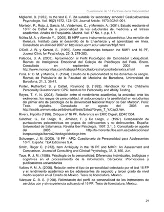 Cuestionario de 16 Factores de la Personalidad
29
Miglierini, B. (1972). Is the test C. F. 2A suitable for secondary schools? Ceskoslovenska
Psychologie. Vol. 16(2) 1972, 123-128. Journal Article: 1973-30241-001.
Monleón, P., Rojo, J, García, M., Valdemoro, C., y Monleón, A. (2001). Estudio mediante el
16FP de Cattell de la personalidad de los estudiantes de medicina y el retraso
académico. Anales de Psiquiatría. Madrid. Vol. 17 No. 1. p.p. 1-7.
Núñez M. A. y Alemán Y., (2005). El 16PF como instrumento psicométrico: Una revisión de
literatura. Instituto para el desarrollo de la Enseñanza y el aprendizaje en línea.
Consultado en abril del 2007 en http://ceci.uprm.edu/~aleman/16pf.html
O'Dell, J. W. y Karson, S., (1969). Some relationships between the MMPI and 16 PF.
Journal Clinic for Psychology, 25, 3, 279-283.
Palacios, B. A. (2003). Aproximación al Perfil Psicológico del Conciliador Extrajudicial.
Revista de Inteligencia Emocional del Colegio de Psicólogos del Perú. Enero.
Consultado en septiembre del 2005 en
http://www.monografias.com/trabajos14/conciliadorextra/conciliadorextra.shtml
Pons, R. B. M. y Marcos, T. (1994). Estudio de la personalidad de los donantes de sangre.
Revista de Psiquiatría de la Facultad de Medicina de Barcelona, Universidad de
Barcelona, 21, 2, 36-41.
Porter, Rutherford B. y Cattell, Raymond B. (1992). Handbook for the Children's
Personality Questionnaire: CPQ. Institute for Personality and Ability Testing.
Reyes, T. Y. N. (2003). Relación entre el rendimiento académico, la ansiedad ante los
exámenes, los rasgos de personalidad, el autoconcepto y la asertividad en estudiantes
del primer año de psicología de la Universidad Nacional Mayor de San Marcos". Perú:
Tesis digitales. Consultado en agosto del 2005 en
http://sisbib.unmsm.edu.pe/bibvirtual/tesis/Salud/Reyes_T_Y/Cap3.htm.
Rivera, Hipolito (1996). Critique of 16 PF. Referencia en ERIC Digest, ED401304.
Sánchez, G., De Diego, R., Jiménez, F. y De Diego, J. (1997). Comparación de
puntuaciones psicométricas en grupos de delincuentes y no delincuentes. España:
Universidad de Salamanca. Revista Iber Psicología, 1997: 2.1. 5. Consultado en agosto
del 2005 en http://fs-morente.filos.ucm.es/publicaciones/
iberpsicologia/iberpsi2/dediego/dediego.htm
Schuerger, J. M. (2003). 16 PF - APQ: Cuestionario de Personalidad para Adolescentes
16PF. España: TEA Ediciones S.A.
Smith, Roger C. (1972). Item Ambiguity in the 16 PF and MMPI: An Assessment and
Comparison. Journal of Consulting and Clinical Psychology, 38, 3, 460, Jun.
Tous, R. J. M. (1986). Psicología de la personalidad: Diferencias individuales, biológicas y
cognitivas en el procesamiento de la información. Barcelona: Promociones y
publicaciones universitarias
Valdes V. M. A. (2006). Relación entre el tipo de personalidad detectado por el test 16 FP
y el rendimiento académico en los adolescentes de segundo y tercer grado de nivel
medio superior en el Estado de México. Tesis de licenciatura, México.
Vázquez C. B. S. (1998). Relimitación del perfil de personalidad de los instructores de
aerobics con y sin experiencia aplicando el 16 FP. Tesis de licenciatura, México.
 