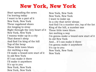 New York, New York
Start spreading the news
I'm leaving today
I want to be a part of it
New York, New York
These vagabond shoes
Are longing to stray
Right through the very heart of it
New York, New York
I wanna wake up in a city
That doesn't sleep
And find I'm king of the hill
Top of the heap
These little town blues
Are melting a way
I'll make a brand-new start of it
In old New York
If I can make it there
I'll make it anywhere
It's up to you
New York, New York
New York, New York
New York, New York
New York, New York
I want to wake up
In a city that never sleeps
And find I'm a number one, top of the list
King of the hill, a number one
These little town blues
Are melting a way
I'm gonna make a brand-new start of it
In old New York
And... if I can make it there
I'm gonna make it anywhere
It's up to you
New York, New York
New York
 