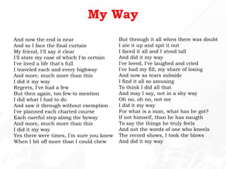 My Way
And now the end is near
And so I face the final curtain
My friend, I'll say it clear
I'll state my case of which I'm certain
I've lived a life that's full
I traveled each and every highway
And more, much more than this
I did it my way
Regrets, I've had a few
But then again, too few to mention
I did what I had to do
And saw it through without exemption
I've planned each charted course
Each careful step along the byway
And more, much more than this
I did it my way
Yes there were times, I'm sure you knew
When I bit off more than I could chew
But through it all when there was doubt
I ate it up and spit it out
I faced it all and I stood tall
And did it my way
I've loved, I've laughed and cried
I've had my fill, my share of losing
And now as tears subside
I find it all so amusing
To think I did all that
And may I say, not in a shy way
Oh no, oh no, not me
I did it my way
For what is a man, what has he got?
If not himself, than he has naugth
To say the things he truly feels
And not the words of one who kneels
The record shows, I took the blows
And did it my way
 