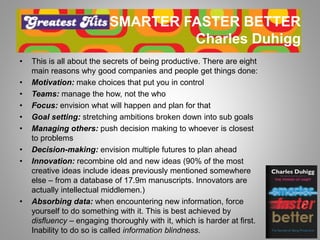 SMARTER FASTER BETTER
Charles Duhigg
• This is all about the secrets of being productive. There are eight
main reasons why...