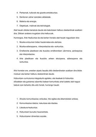 4. Pertsonak, kulturak eta gizarte-antolakuntza.

   5. Denboran zehar izandako aldaketak.

   6. Materia eta energia.

   7. Objektuak, makinak eta teknologiak.

Atal hauek zikloka banatuta daude eta bakoitzean helburu desberdinak azaltzen
dira. Zikloen arabera mugatzen dira helburuak.

Hurrengoa, Arte Hezkuntza da eta bertan honako atal hauek nagusitzen dira:

   1. Musika entzumen bidez hautematea eta ulertzea.

   2. Musika-adierazpena, -interpretazioa eta -sorkuntza.

   3. Erreferente plastikoen eta ikusizko erreferenteen ulermena, pertzepzioa
      eta interpretazioa.

   4. Arte plastikoen eta ikusizko arteen ekoizpena, adierazpena eta
      sorkuntza.



Arlo honetan ere, arestian aipatu bezala ziklo desberdinetan azaltzen dira bloke
moduan eta bertan helburu desberdinak daude.

Hizkuntzen curriculuma integraturik egoteko, eta ikasleak bi hizkuntza
ofizialetan eta gutxienez atzerriko batean komunikatu ahal izateko atal nagusi
batzuk izan beharko ditu arlo honek, hurrengo hauek:




   1. Ahozko komunikazioa; entzutea, hitz egitea eta elkarrizketan aritzea.

   2. Komunikazioa idatzia; irakurtzea eta idaztea.

   3. Literatura-hezkuntza.

   4. Hizkuntzari buruzko hausnarketa.

   5. Hizkuntzaren dimentsio soziala.
 
