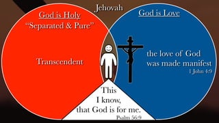 Jehovah
Jehovah
God is Holy God is Love
God is Holy God is Love
“Separated & Pure”
Transcendent
the love of God
was made manifest
1 John 4:9
This
I know,
that God is for me.
Psalm 56:9
 