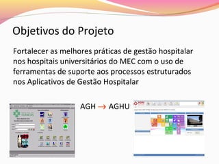 Objetivos do Projeto
Fortalecer as melhores práticas de gestão hospitalar
nos hospitais universitários do MEC com o uso de
ferramentas de suporte aos processos estruturados
nos Aplicativos de Gestão Hospitalar
AGH → AGHU

 