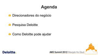 Agenda
Direcionadores do negócio

Pesquisa Deloitte

Como Deloitte pode ajudar
 