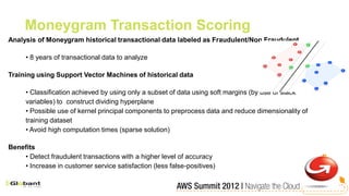 Moneygram Transaction Scoring
Analysis of Moneygram historical transactional data labeled as Fraudulent/Non Fraudulent

     • 8 years of transactional data to analyze

Training using Support Vector Machines of historical data

     • Classification achieved by using only a subset of data using soft margins (by use of slack
     variables) to construct dividing hyperplane
     • Possible use of kernel principal components to preprocess data and reduce dimensionality of
     training dataset
     • Avoid high computation times (sparse solution)

Benefits
    • Detect fraudulent transactions with a higher level of accuracy
    • Increase in customer service satisfaction (less false-positives)
 