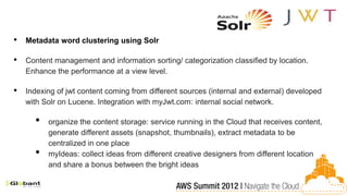 •   Metadata word clustering using Solr

•   Content management and information sorting/ categorization classified by location.
    Enhance the performance at a view level.

•   Indexing of jwt content coming from different sources (internal and external) developed
    with Solr on Lucene. Integration with myJwt.com: internal social network.

      •   organize the content storage: service running in the Cloud that receives content,
          generate different assets (snapshot, thumbnails), extract metadata to be
          centralized in one place
      •   myIdeas: collect ideas from different creative designers from different location
          and share a bonus between the bright ideas
 
