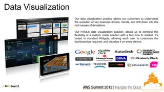 Data Visualization
                     Our data visualization practice allows our customers to understand
                     the evolution of key business drivers, trends, and drill down into the
                     root causes of deviations.

                     Our HTML5 data visualization solution, allows us to combine the
                     flexibility of a custom made solution with a fast time to market. It’s
                     based in standard Widgets, allowing each user to customize the
                     dashboard as required, and visualize it on every device.
 