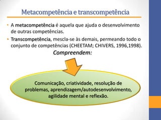 Metacompetênciae transcompetência
• A metacompetência é aquela que ajuda o desenvolvimento
de outras competências.
• Transcompetência, mescla-se às demais, permeando todo o
conjunto de competências (CHEETAM; CHIVERS, 1996,1998).
Compreendem:
Comunicação, criatividade, resolução de
problemas, aprendizagem/autodesenvolvimento,
agilidade mental e reflexão.
 
