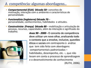 A competência:algumas abordagens...
• Comportamental (EUA) Década 50– conceitos de
motivação, interação com o ambiente e características de
personalidade.
• Funcionalista (Inglaterra) Década 70 –
personalidade, conhecimentos, habilidades e atitudes.
• Construtivista (França) Década 80 – mobilização e articulação de
pessoas, recursos, capacidades, além da interação e significado do
trabalho.
Anos 90 - 2000 - O conceito de competência
deve utilizar um novo olhar, analisando todo
o contexto que a envolve, inclusive, questões
éticas e sociais em contraponto à análise
que tem sido feita com abordagens
comportamentais padronizadas –
habilidades, desempenho, etc. –, que não
levam em conta o processo de aprendizagem
e o desenvolvimento de conhecimento
(RUTH, 2006).
 