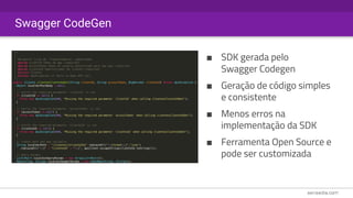 Swagger CodeGen
■ SDK gerada pelo
Swagger Codegen
■ Geração de código simples
e consistente
■ Menos erros na
implementação da SDK
■ Ferramenta Open Source e
pode ser customizada
 