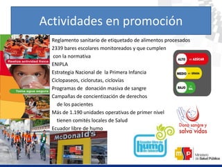 Actividades en promoción
Reglamento sanitario de etiquetado de alimentos procesados
2339 bares escolares monitoreados y que cumplen
con la normativa
ENIPLA
Estrategia Nacional de la Primera Infancia
Ciclopaseos, ciclorutas, ciclovías
Programas de donación masiva de sangre
Campañas de concientización de derechos
de los pacientes
Más de 1.190 unidades operativas de primer nivel
tienen comités locales de Salud
Ecuador libre de humo
 