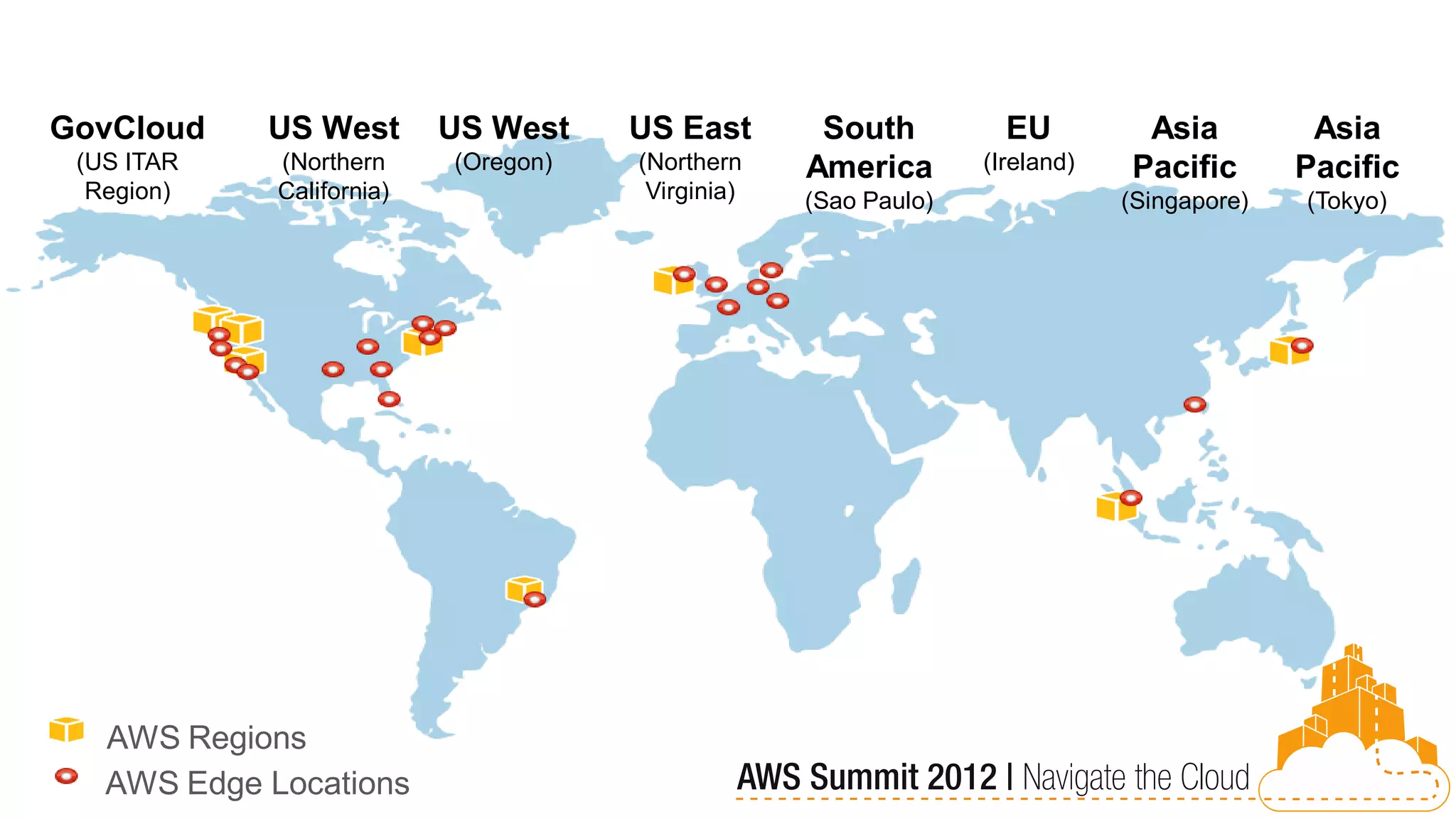 GovCloud    US West        US West    US East       South          EU         Asia          Asia
 (US ITAR    (Northern     (Oregon)   (Northern    America       (Ireland)   Pacific       Pacific
  Region)    California)               Virginia)   (Sao Paulo)               (Singapore)   (Tokyo)




   AWS Regions
   AWS Edge Locations
 