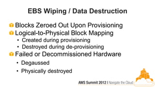 EBS Wiping / Data Destruction

Blocks Zeroed Out Upon Provisioning
Logical-to-Physical Block Mapping
• Created during provisioning
• Destroyed during de-provisioning
Failed or Decommissioned Hardware
• Degaussed
• Physically destroyed
 