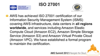 ISO 27001

AWS has achieved ISO 27001 certification of our
Information Security Management System (ISMS)
covering AWS infrastructure, data centers in all regions
worldwide, and services including Amazon Elastic
Compute Cloud (Amazon EC2), Amazon Simple Storage
Service (Amazon S3) and Amazon Virtual Private Cloud
(Amazon VPC). We have established a formal program
to maintain the certification.
 