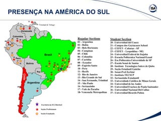 PRESENÇA NA AMÉRICA DO SUL
Venezuela
Bolivia
Par.
Brasil
Argentina
Chile
Colombia
Eq.
Peru
Trinidad & Tobago
Student Section
20 - Universidad del Cauca
21 - Campos dos Goytacazes School
22 - CEFET - Cubatao - SP
23 - CEFET – Leopoldina - MG
24 - Universidad Federal de Itajuba
25 - Escuela Politecnica Nacional Ecuad
26 - Esc.Politecnica Universidade de SP
27 - Escola Senai de Santos
28 - Institute Tecnologico Sulcre de Quito
29 - Seção Estudanil Gaúcha
30 - Senai-Prof Zerbini
31 - Instituto TECSUP
32 - Sertaozinho Estudantil
33 - Universidade Católica de Minas Gerais
34 - Universidad de los Andes
35 - Universidad Fracisco de Paula Santander
36 - Universidad Nacional Del Callao
37 - Universidad Ricardo Palma
02
09
21
12
17
16
23
27
15
26
04
30
07
13
01
05
37
10
31
08
06
20
34 18
14
22
3303
Seções Estudantis
Seções Profissionais
Escritório da ISA Distrito4
Regular Sections
01 - Argentina
02 - Bahia
03 - Belo Horizonte
04 - Campinas
05 - Chile
06 - Colombia
07 - Curitiba
08 – Ecuador
09 - Espírito Santo
10 - Peru
11 - Recife
12- Rio de Janeiro
13 - Rio Grande do Sul
14 - San Fernando, Trinidad
15 – São Paulo
16 - Sertaozinho
17 - Vale do Paraíba
18- Venezuela Metropolitan
25
24
28
29
11
19
32
36
35
 