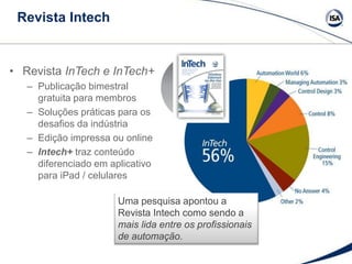 • Revista InTech e InTech+
– Publicação bimestral
gratuita para membros
– Soluções práticas para os
desafios da indústria
– Edição impressa ou online
– Intech+ traz conteúdo
diferenciado em aplicativo
para iPad / celulares
Uma pesquisa apontou a
Revista Intech como sendo a
mais lida entre os profissionais
de automação.
Revista Intech
 