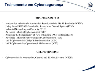 Treinamento em Cybersegurança
TRAINING COURSES
• Introduction to Industrial Automation Security and the ISA99 Standards (IC32C)
• Using the ANSI/ISA99 Standard to Secure Your Control System (IC32)
• Industrial Networking and Security (TS12)
• Advanced Industrial Cybersecurity (TS13)
• Assessing the Cybersecurity of New or Existing IACS Systems (IC33)
• Advanced Industrial Networking and Cybersecurity (TS20)
• IACS Cybersecurity Design & Implementation (IC34)
• IACS Cybersecurity Operations & Maintenance (IC37)
ONLINE TRAINING
• Cybersecurity for Automation, Control, and SCADA Systems (IC32E)
 