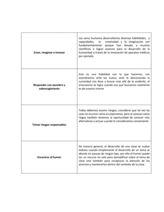 Crear, imaginar e innovar
Los seres humanos desarrollamos diversas habilidades, y
capacidades, la creatividad y la imaginación son
fundamentalmente porque han llevado a muchos
científicos a lograr avances para el desarrollo de la
humanidad a través de la innovación de aparatos médicos
por ejemplo.
Responder con asombro y
sobrecogimiento
Esta es una habilidad con la que hacemos, nos
asombramos ante los nuevo, ante lo desconocido la
curiosidad nos lleva a buscar mas allá de lo evidente, el
entusiasmo se logra cuando eso que buscamos realmente
es de nuestro interés
Tomar riesgos responsables
Todos debemos asumir riesgos, considerar que tal vez las
coas no ocurran como es esperamos, pero al conocer estos
riegos también tenemos la oportunidad de conocer mas
alternativas y actuar cuando lo consideramos conveniente
Encontrar el humor
De manera general, el desarrollo de una clase se vuelve
tedioso cuando simplemente el desarrollo de un tema se
aborda sin pausas de ningún tipo, por ello el humor puede
ser un recurso no solo para ejemplificar sobre el tema de
clase sino también para recapturar la atención de los
alumnos y mantenerlos dentro del contexto de la clase.
 