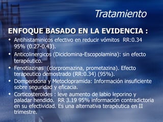 Tratamiento  ENFOQUE BASADO EN LA EVIDENCIA : Antihistaminicos efectivo en reducir vómitos  RR:0.34 95% (0.27-0.43). Anticolinergicos (Diciclomina-Escopolamina): sin efecto terapéutico. Fenotiazinas  (clorpromazina, prometazina). Efecto terapeutico demostrado (RR:0.34) (95%). Domperidona y Metoclopramida: Información insuficiente sobre seguridad y eficacia. Corticosteroides : leve aumento de labio leporino y paladar hendido.  RR 3.19 95% información contradictoria en su efectividad. Es una alternativa terapéutica en II trimestre. 