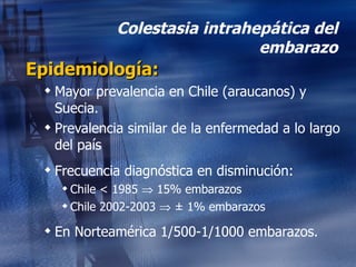 Colestasia intrahepática del embarazo Epidemiología: Mayor prevalencia en Chile (araucanos) y Suecia. Prevalencia similar de la enfermedad a lo largo del país Frecuencia diagnóstica en disminución: Chile < 1985    15% embarazos Chile 2002-2003     ±  1% embarazos En Norteamérica 1/500-1/1000 embarazos. 