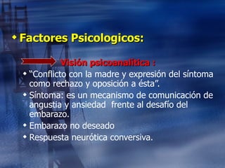 Factores Psicologicos:   Visión psicoanalítica : “ Conflicto con la madre y expresión del síntoma como rechazo y oposición a ésta”. Síntoma: es un mecanismo de comunicación de angustia y ansiedad  frente al desafío del embarazo. Embarazo no deseado Respuesta neurótica conversiva. 