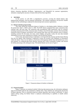  ISSN: 1693-6930
TELKOMNIKA Telecommun Comput El Control, Vol. 23, No. 2, April 2025: 435-446
438
distinct clustering algorithms (K-Means, Agglomerative, and Meanshift) for customer segmentation,
ultimately comparing the outcomes of clusters derived from these algorithms.
3. METHOD
In this section, we will offer a comprehensive overview, covering the utilized dataset, data
preprocessing techniques, and the proposed methodology. This detailed explanation will provide valuable
insights into the methodologies employed for determining retail customer segmentation.
3.1. Dataset and data preprocessing
This study utilized the transaction dataset of retailers in a developing market, Indonesia, covering
the period from April 1, 2020 to July 31, 2020. The RAW dataset comprised three types: transaction data,
customer data, and store data. The transaction data encompassed 9,640 transactions with six columns,
including transaction ID (TrxID), transaction date (TrxDate), store ID (StoreId), customer ID (CustomerId),
transaction status (TrxStatus), and amount. In the customer data, there were 958 customers with six columns,
including customer ID, first name, last name, email, birthday, and gender. Lastly, the store data included
information on seven stores, featuring two columns: store ID and store location.
In this study, data preprocessing is undertaken, involving both data cleaning and data frame filtering
from the raw dataset. Data cleansing is employed to ensure the accuracy and compliance of information
within the dataset. Since our raw dataset is structured as heterogeneous tabular data with labeled axes (rows
and columns), we conducted data frame filtering, selecting only TrxID, CustomerId, TrxDate, and Amount
for further processing in the subsequent steps. The detailed dataset can be seen in Figure 1.
Figure 1. Transaction dataset of retailers in Indonesia
3.2. Proposed method
Figure 2 illustrates our proposed method. Following data preprocessing, the information undergoes
input into the RFM model for the computation of RFM values. These attributes are subsequently fed into the
K-Means algorithm. Prior to clustering using the K-Means algorithm, data scaling is performed. To detect
outliers during scaling, the Robust Scaler is employed, demonstrating its capability to handle outliers
effectively.
 
